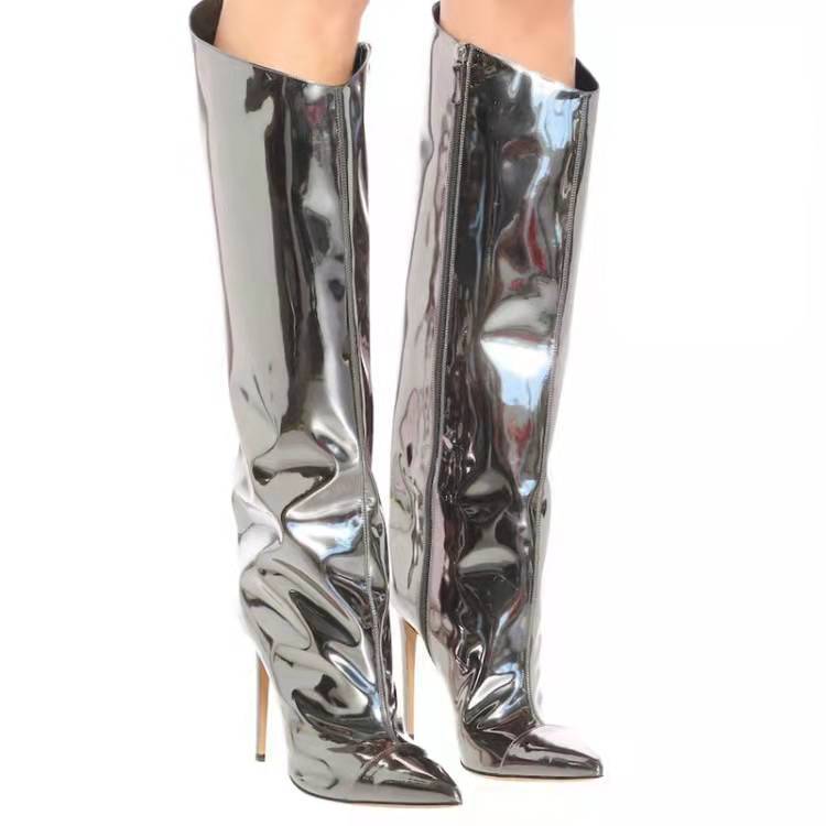 Runway Metallic Knee High Boots, PU leather boots, Silver Boots, Gold Boots, Black Boots