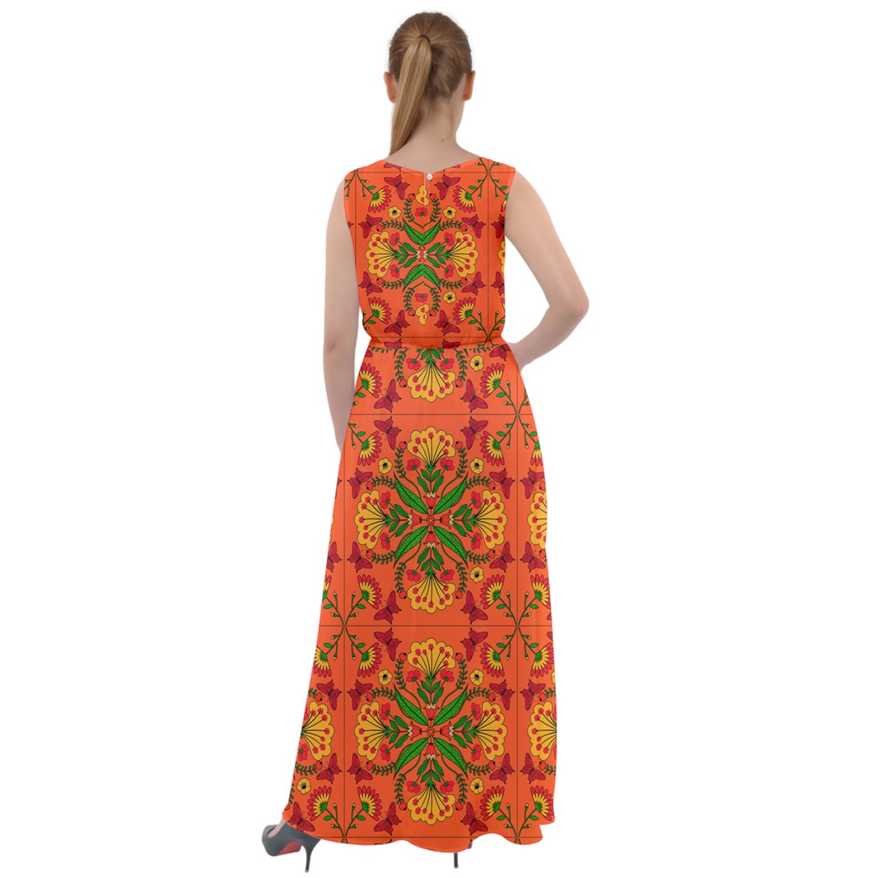 Maxi Dress, Orange Boho Maxi Dress, 70s Dress Style, Orange Floral Maxi Dress, Bohemian Style Dress, Boho Sleeveless Maxi Dress