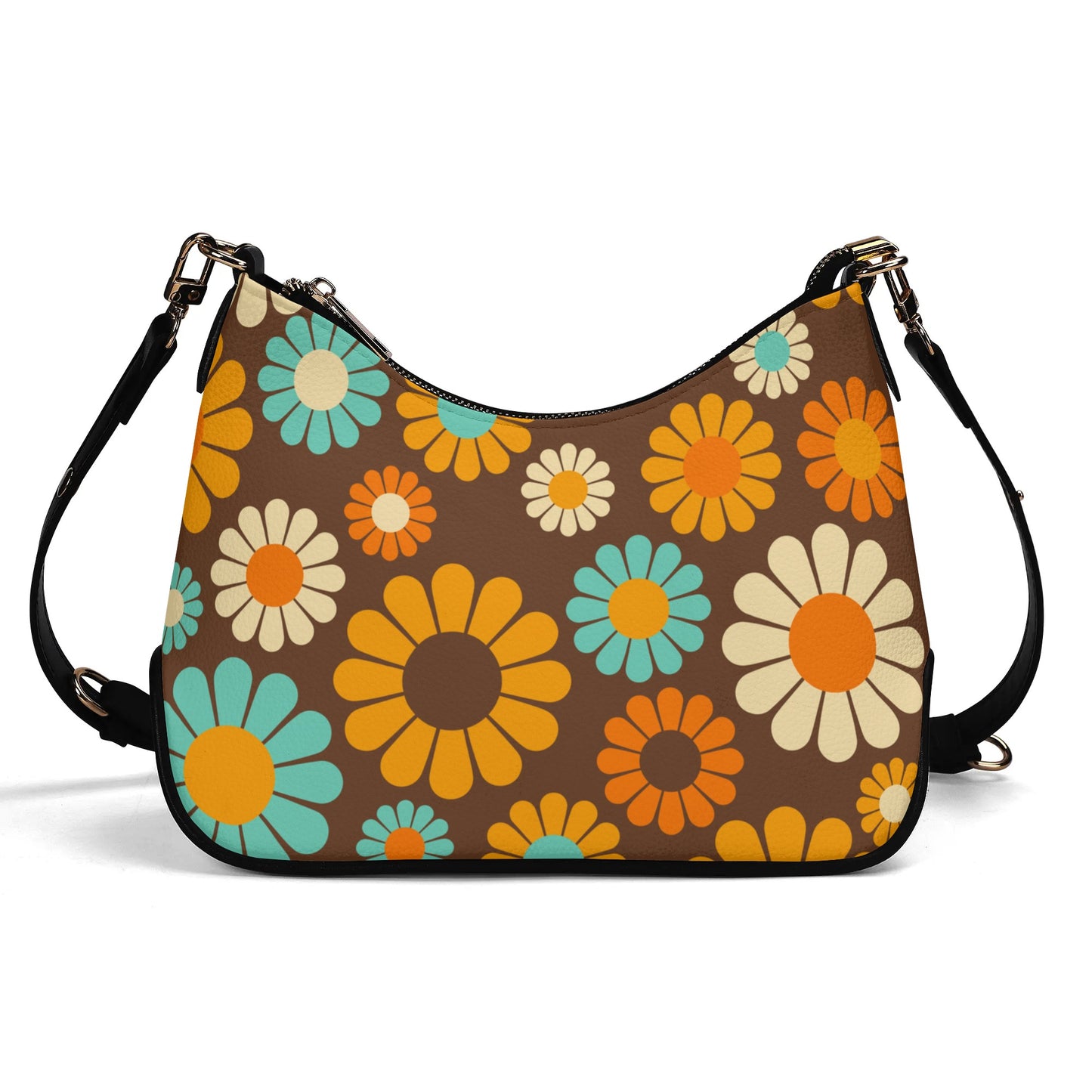 Vintage Handbag Style, Mod bag, PU leather Bag, Retro handbag, Brown Floral Handbag, 60s 70s Floral Purse, 70s inspired Cross body Boho Bag