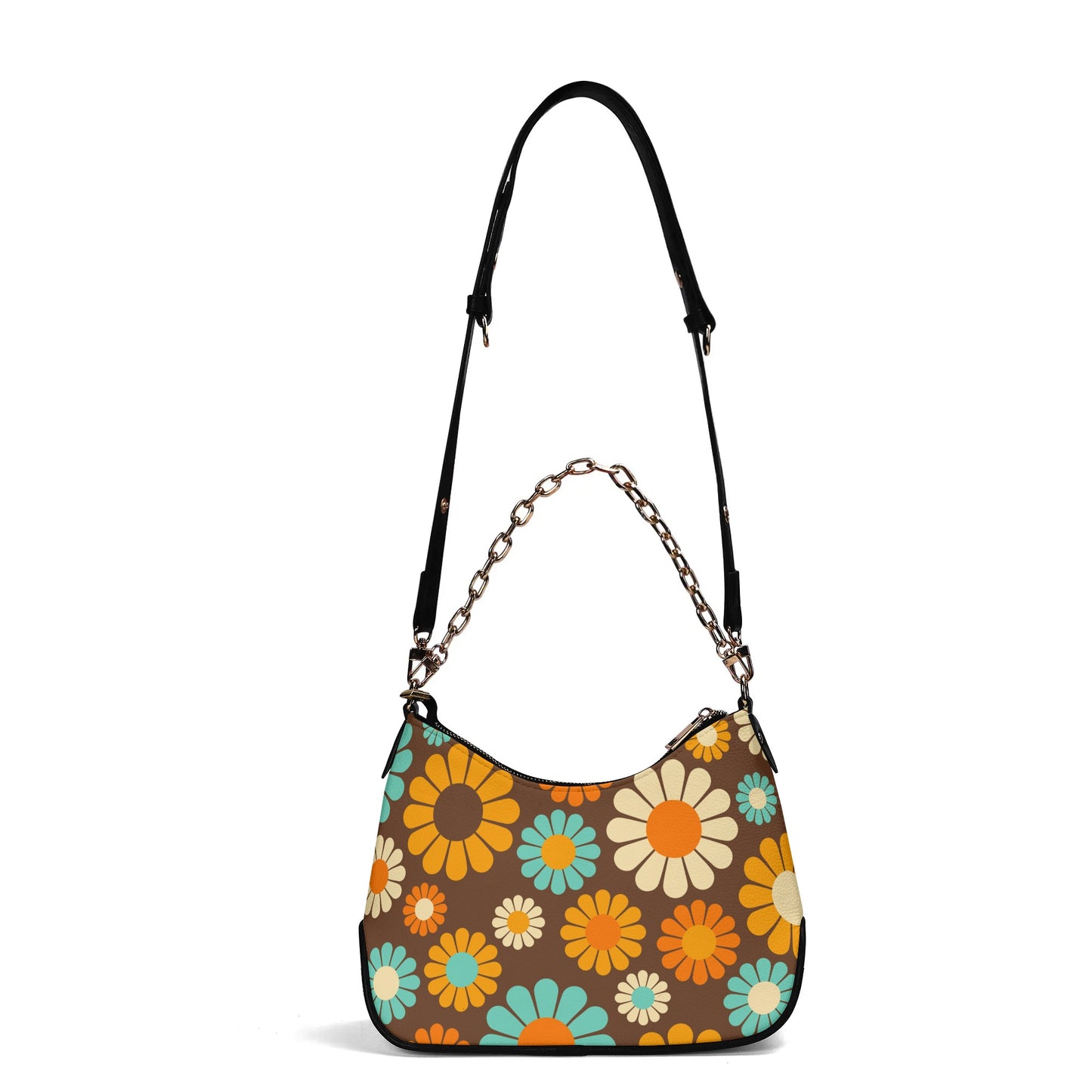 Vintage Handbag Style, Mod bag, PU leather Bag, Retro handbag, Brown Floral Handbag, 60s 70s Floral Purse, 70s inspired Cross body Boho Bag