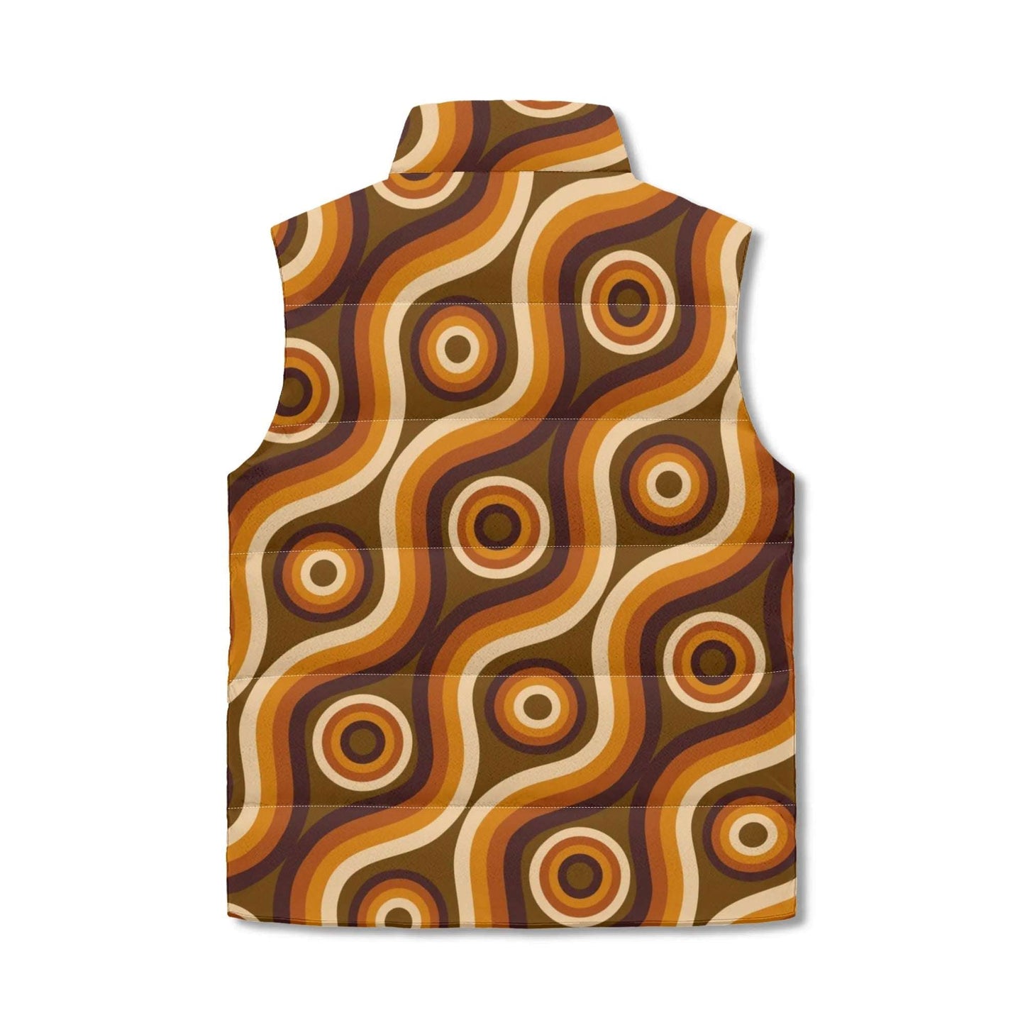 70s Style Groovy Brown Geometric Puffer Vest | Retro Ombre Quilted Sleeveless Winter Jacket