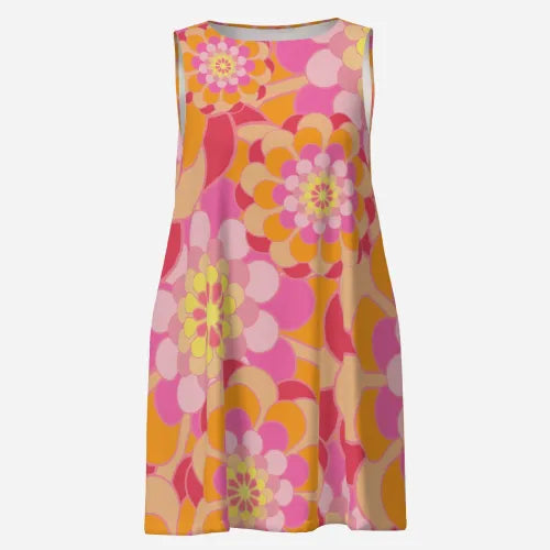 Retro Pink Mod Dress | 60s Style Tent Dress | Sleeveless Go-Go Mini Dress with Bold Floral Print