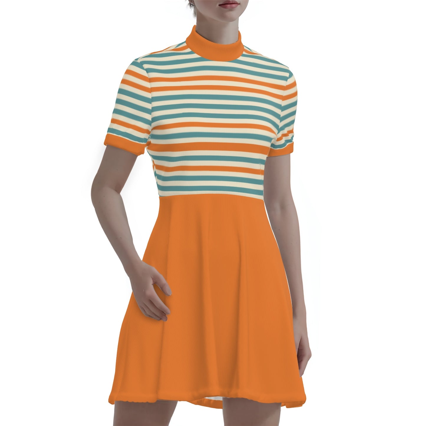 60s Dress Style | Mod Orange & Turquoise Stripe Turtleneck Dress | Retro 60s A-Line Dress | Vintage Mod Fashion