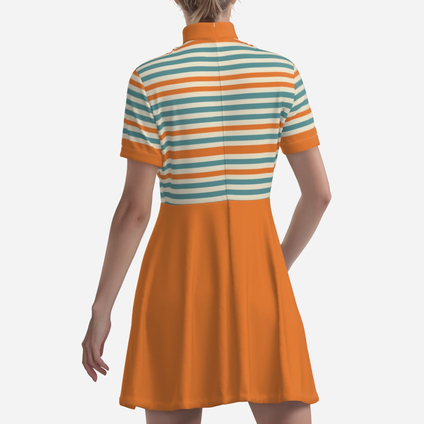 60s Dress Style | Mod Orange & Turquoise Stripe Turtleneck Dress | Retro 60s A-Line Dress | Vintage Mod Fashion