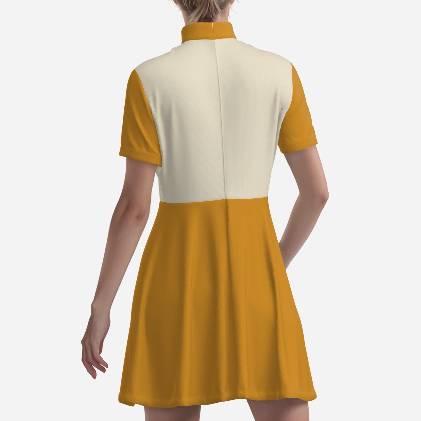 Retro 60s Mustard Yellow Mod Dress | Geometric Print Mini | Turtleneck Go-Go Dress