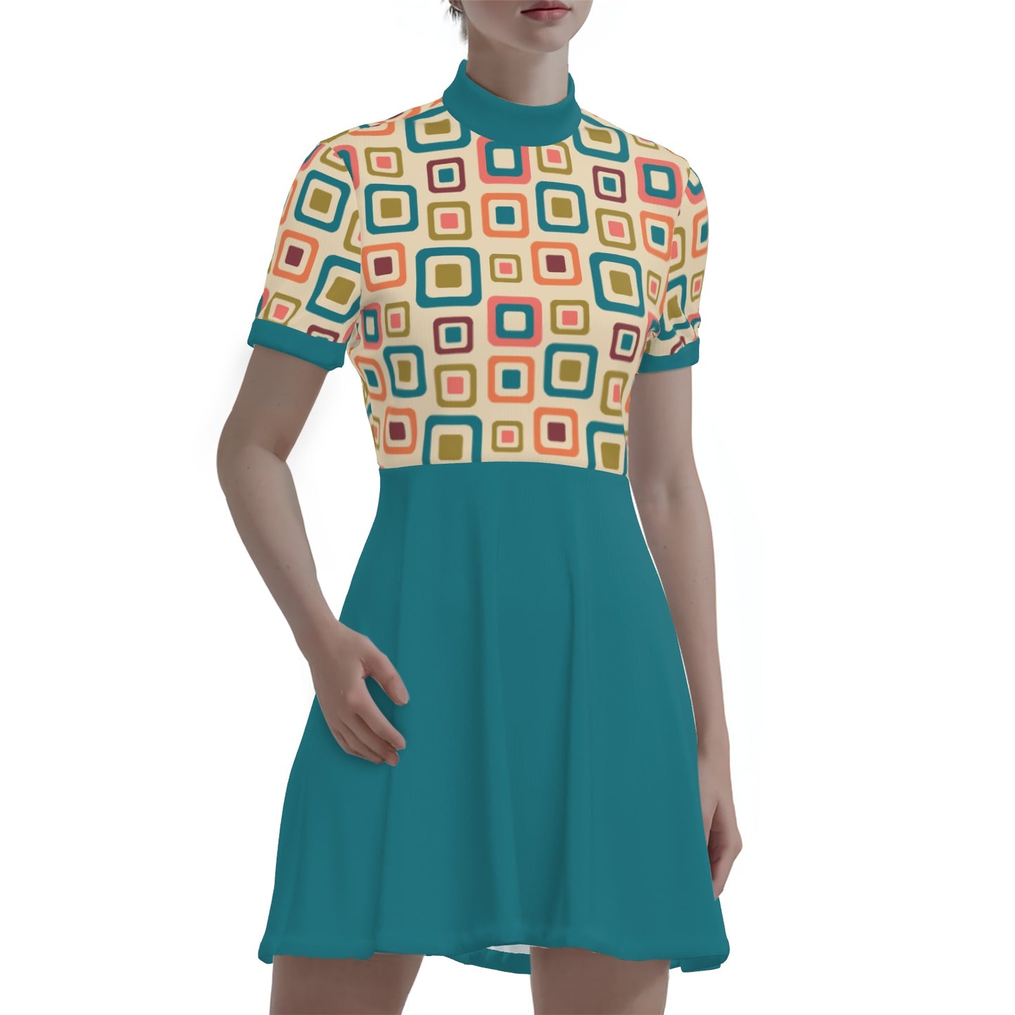 60s Geometric Mod Dress | Teal Turtleneck Mini Dress | Vintage A-Line Go-Go Dress | Space Age Dress