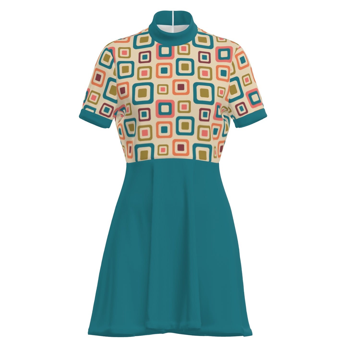 60s Geometric Mod Dress | Teal Turtleneck Mini Dress | Vintage A-Line Go-Go Dress | Space Age Dress