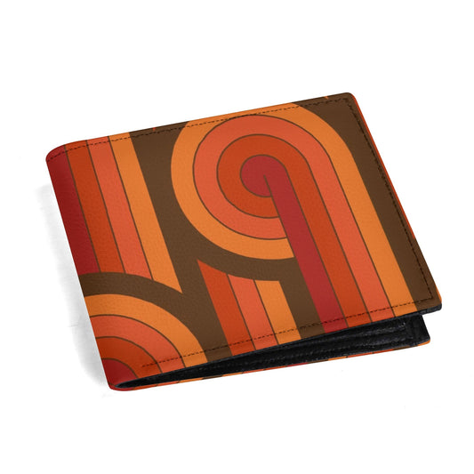 Men's 70s Inspired Wallet | Retro Vintage Bi-Fold Wallet for Men | Orange Brown PU Leather Wallet | Geometric Wallet Men