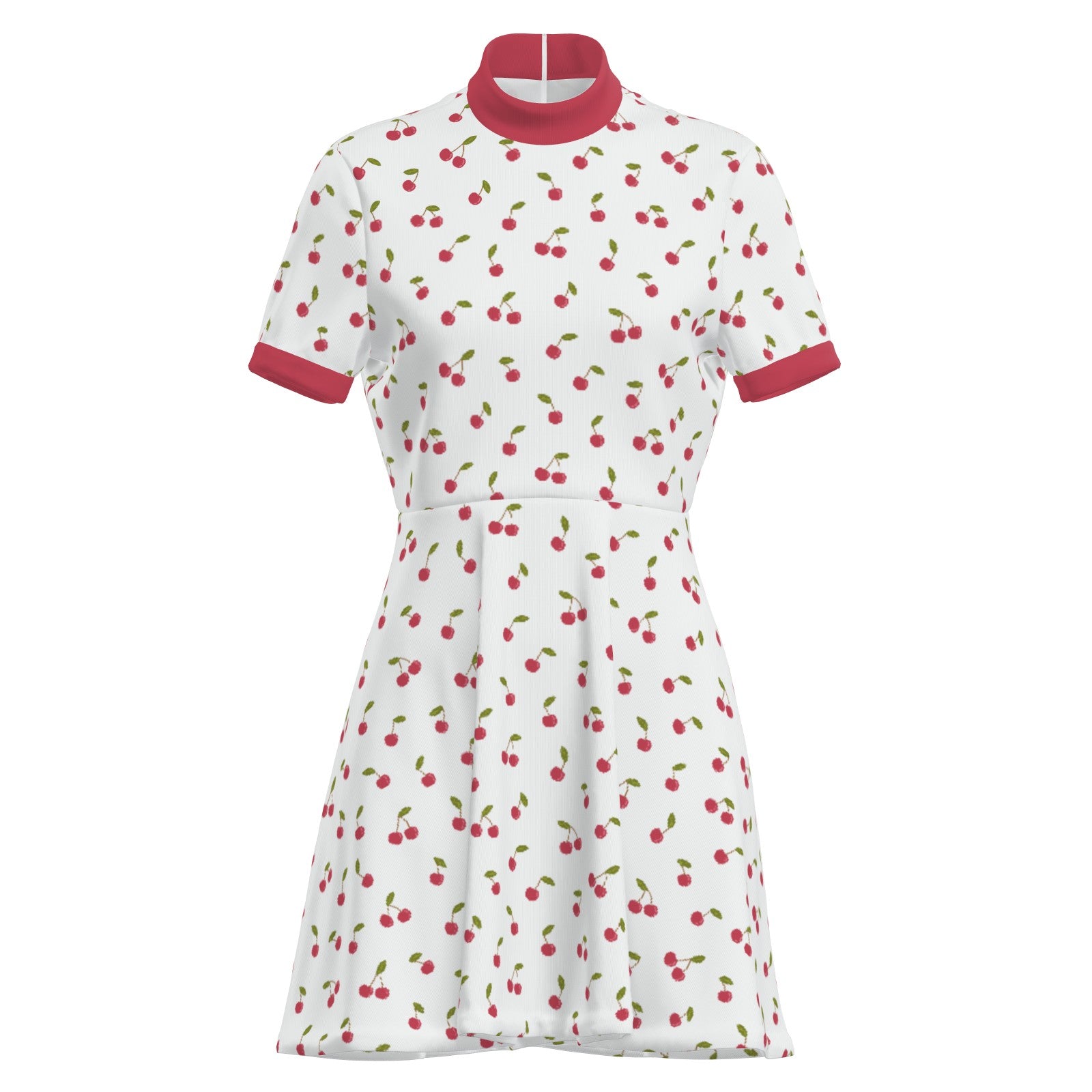 Retro Cherry Print 60s Mod Mini Dress | Vintage-Inspired A-Line Turtleneck Dress