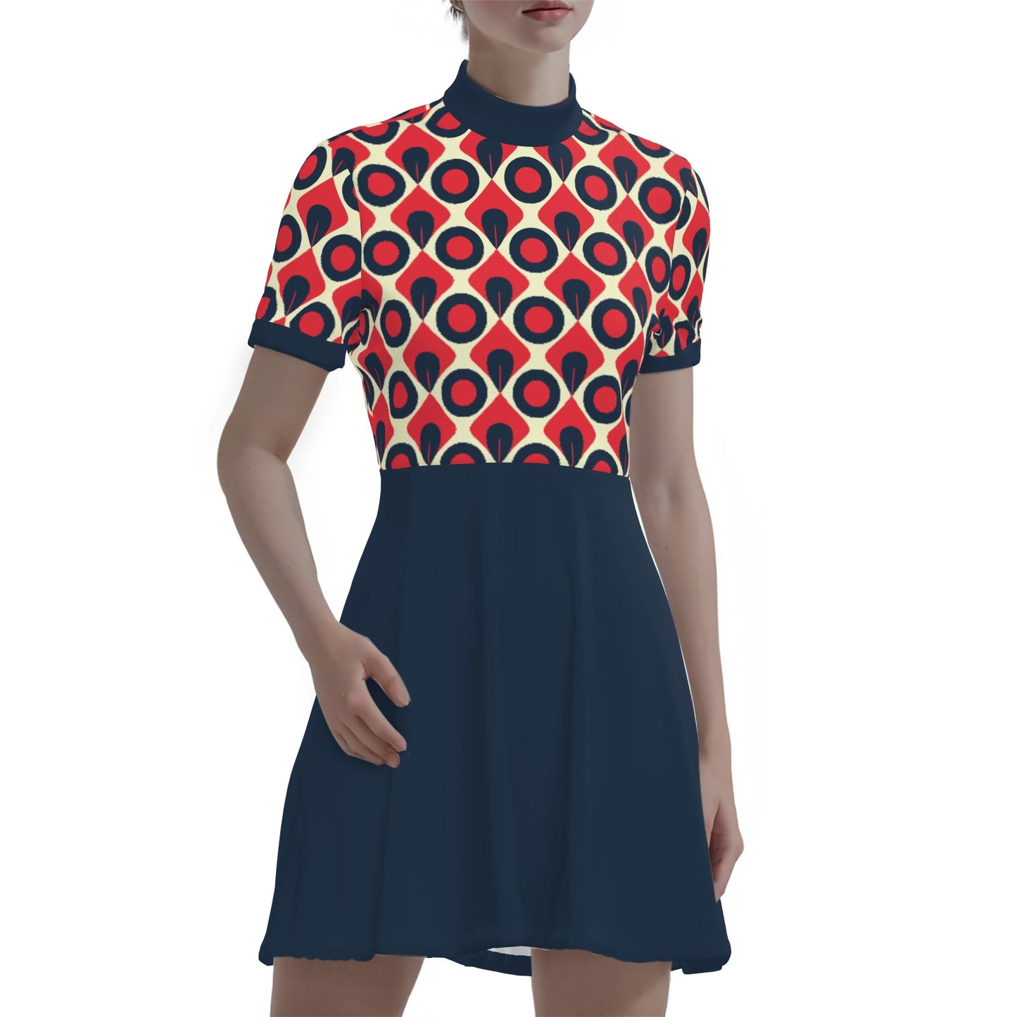 60s Dress Style, 60s inspired Mod Dress | Blue Red Vintage 60s Mini Dress Style | Turtleneck mini dress