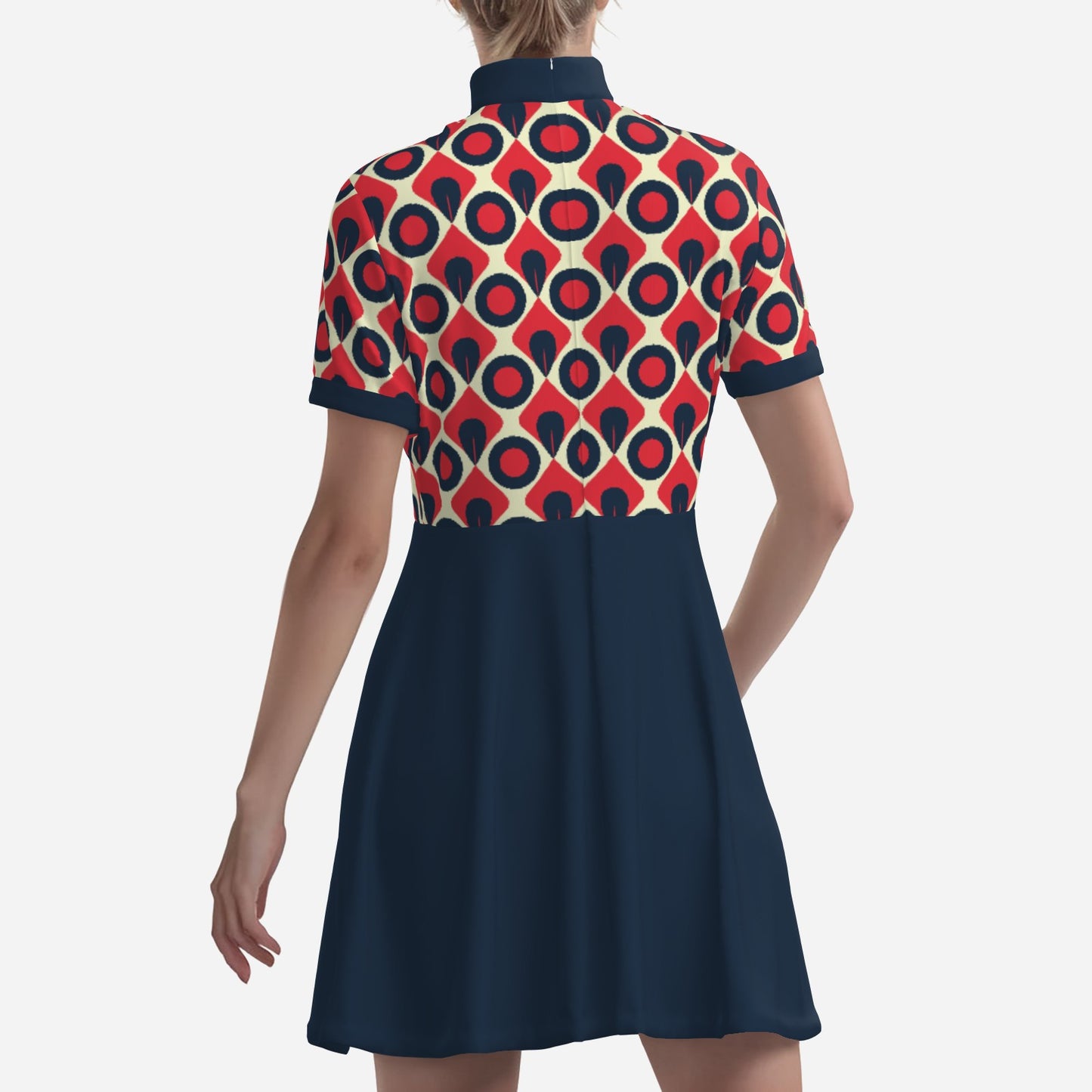 60s Dress Style, 60s inspired Mod Dress | Blue Red Vintage 60s Mini Dress Style | Turtleneck mini dress