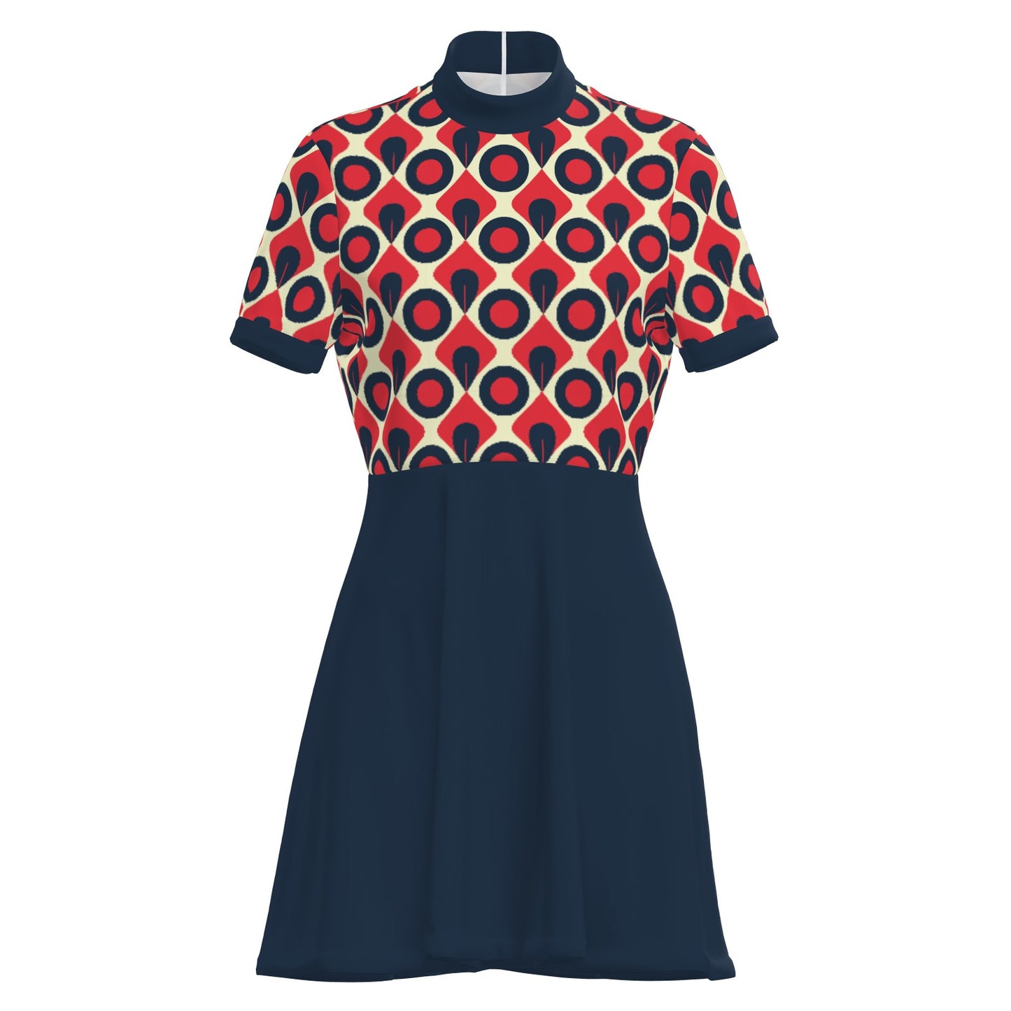 60s Dress Style, 60s inspired Mod Dress | Blue Red Vintage 60s Mini Dress Style | Turtleneck mini dress