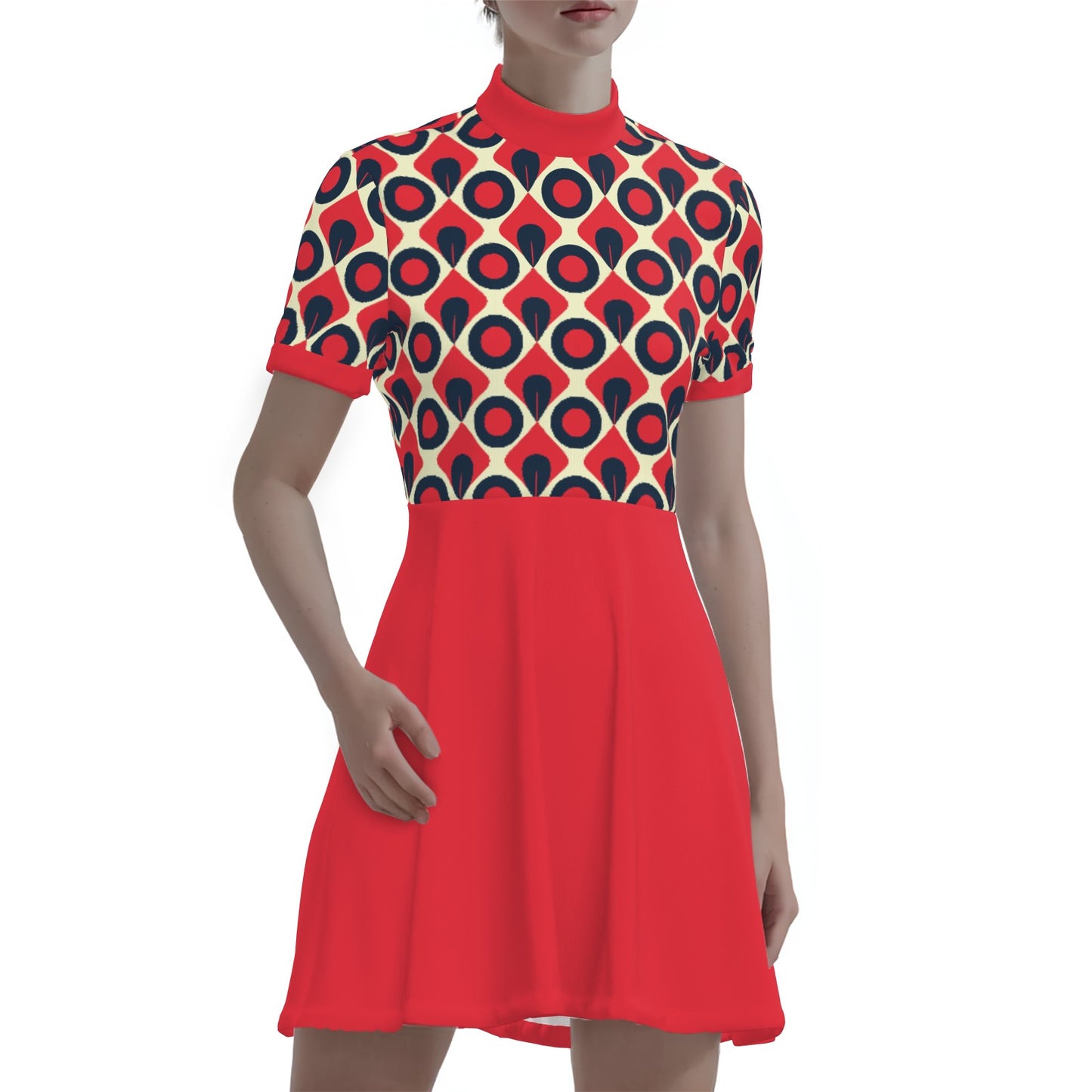60s Dress Style, 60s inspired Mod Dress | Blue Red Vintage 60s Mini Dress Style | Turtleneck Dress
