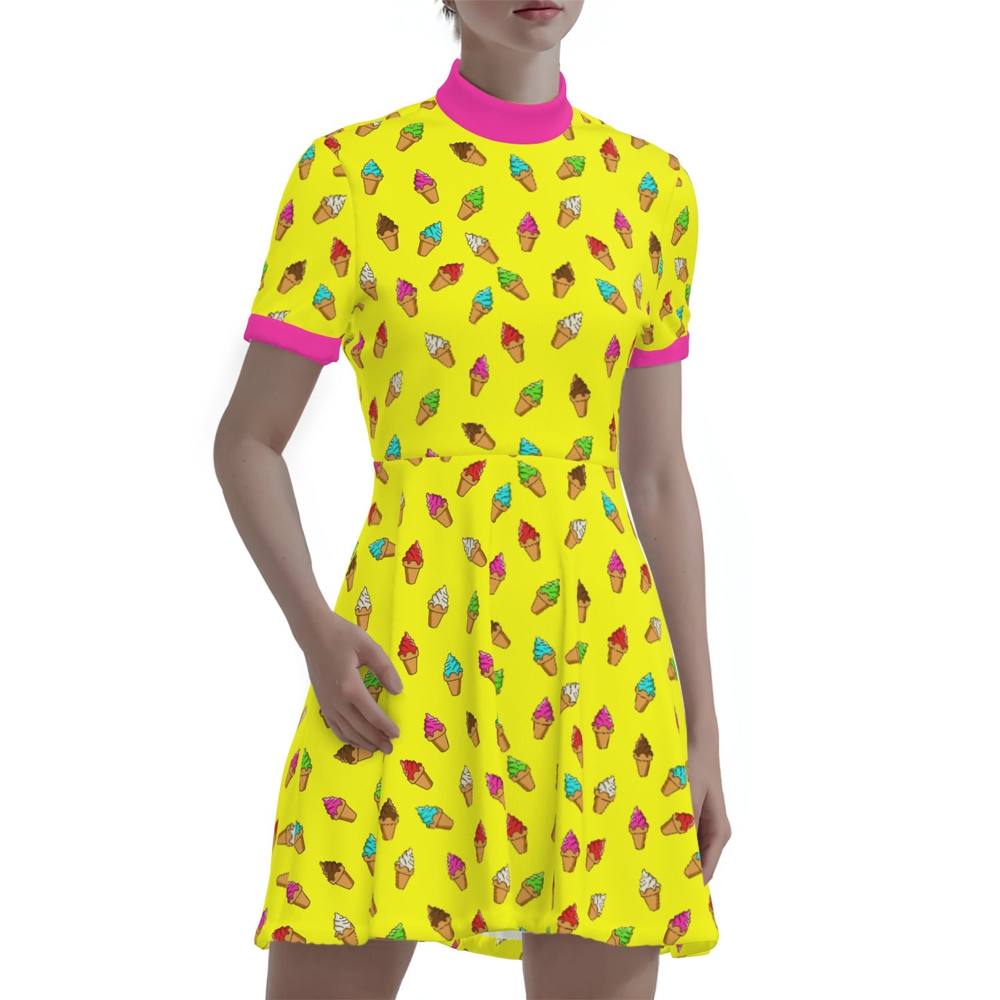 Retro Pop Art Ice Cream Mini Dress | Yellow Pink 60s Style Kawaii Turtleneck A-Line Dress