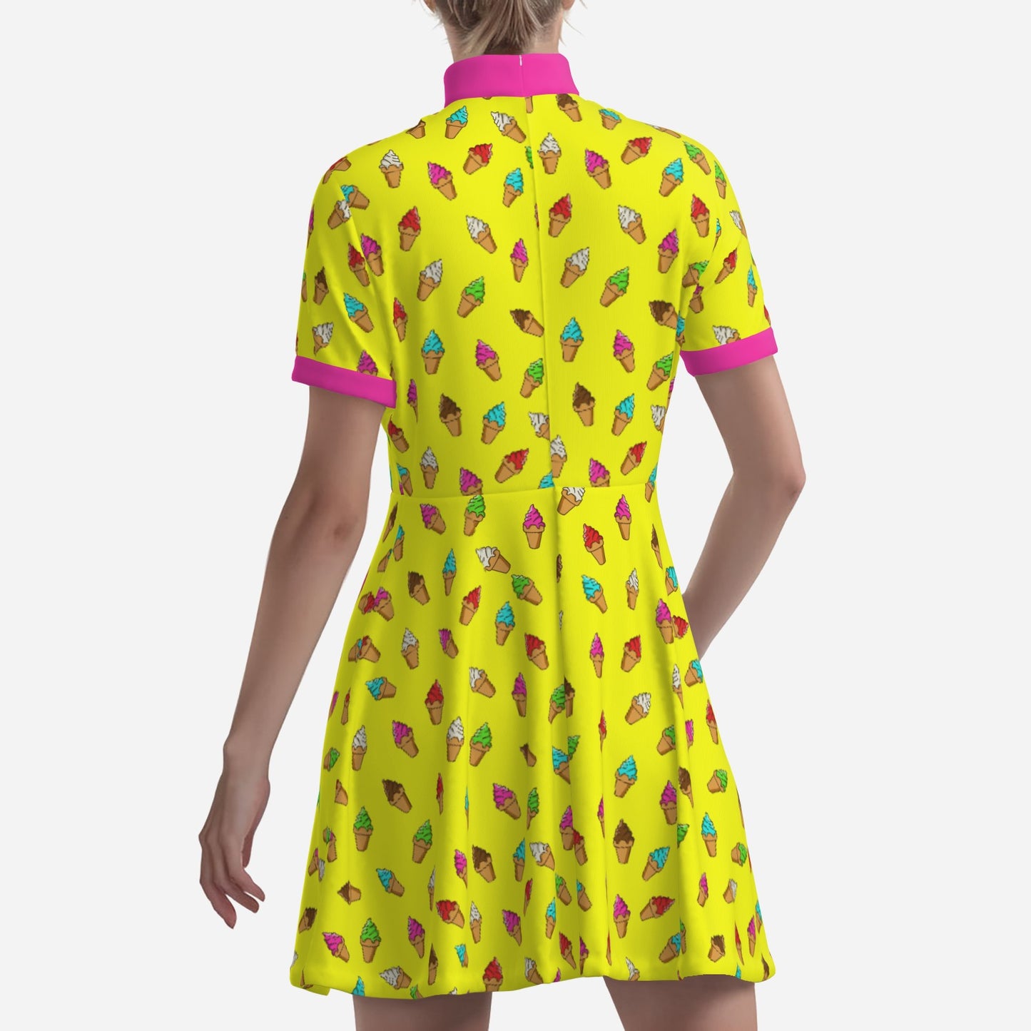 Retro Pop Art Ice Cream Mini Dress | Yellow Pink 60s Style Kawaii Turtleneck A-Line Dress