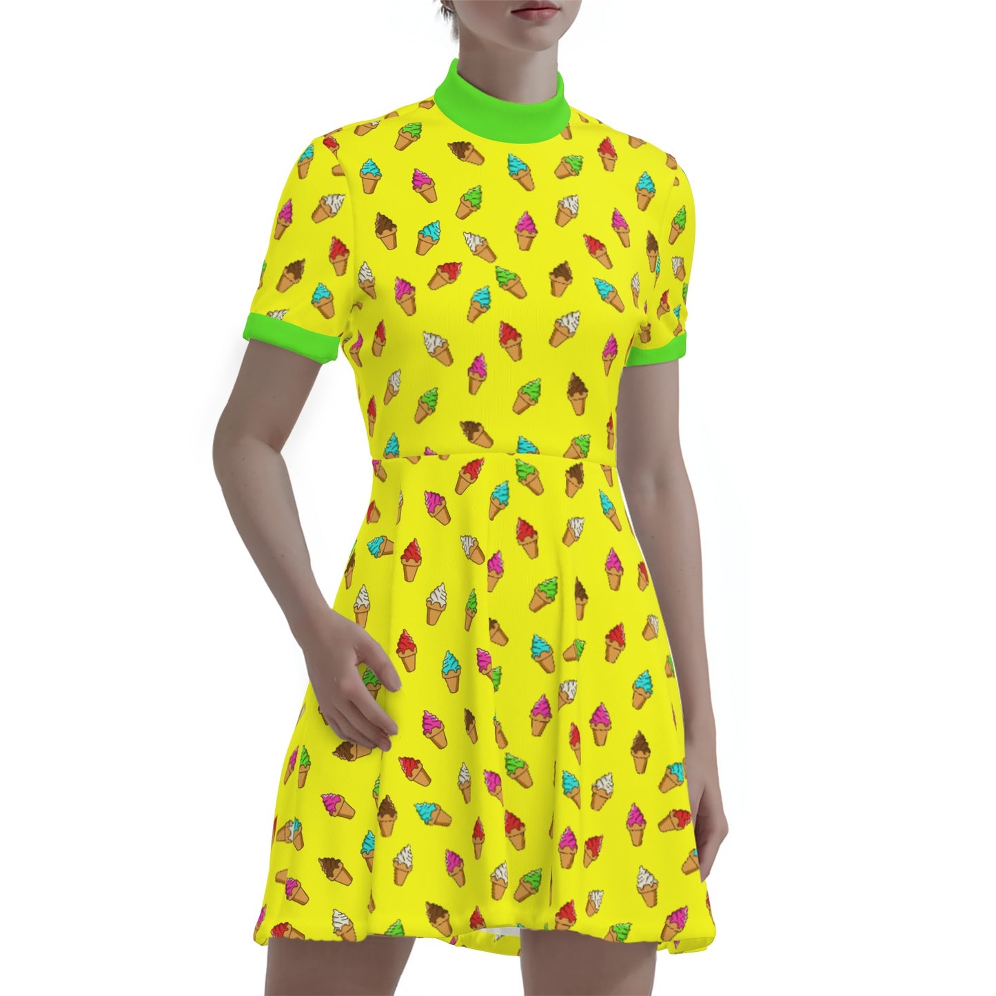 Retro Pop Art Ice Cream Mini Dress | Yellow 60s Style Kawaii Turtleneck A-Line Dress