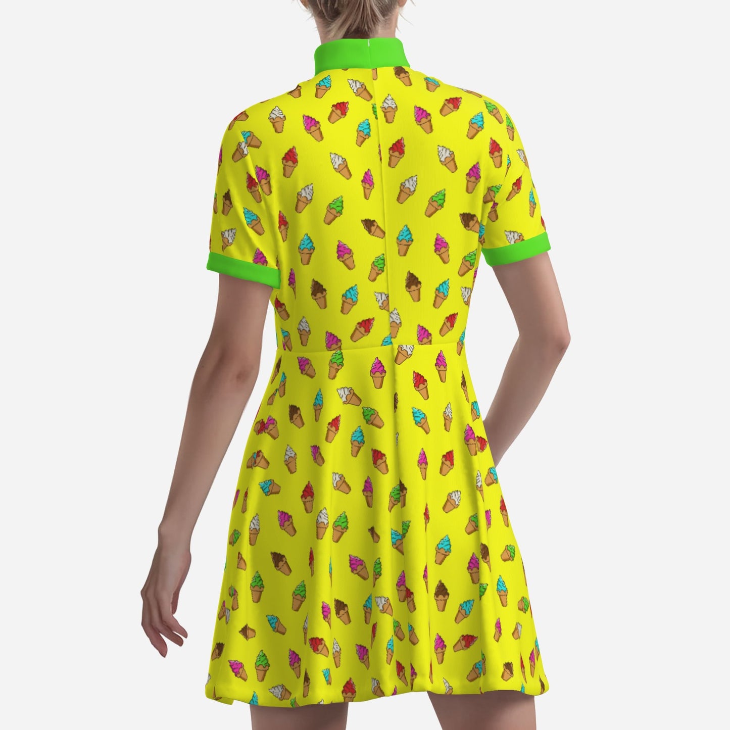 Retro Pop Art Ice Cream Mini Dress | Yellow 60s Style Kawaii Turtleneck A-Line Dress