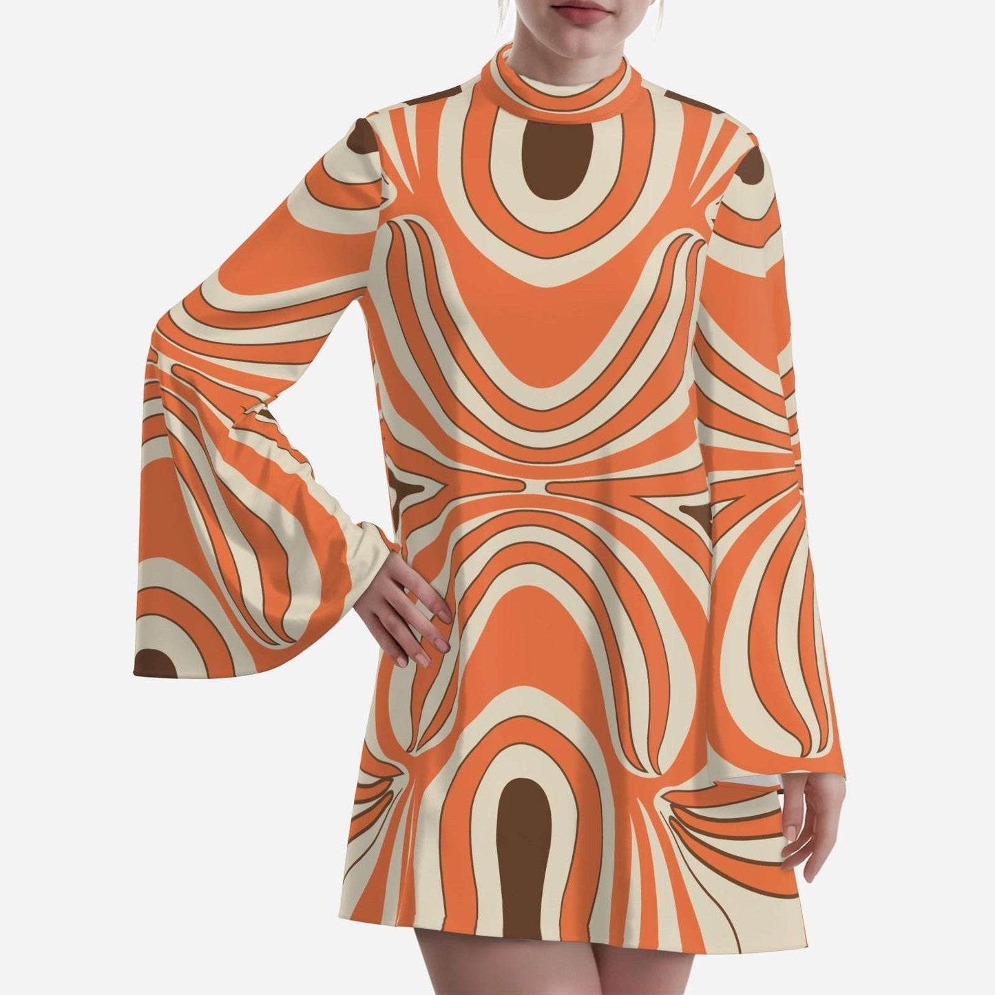 70s Psychedelic Orange Groovy Bell Sleeve Disco Dress | Retro Chiffon Turtleneck Mini Dress
