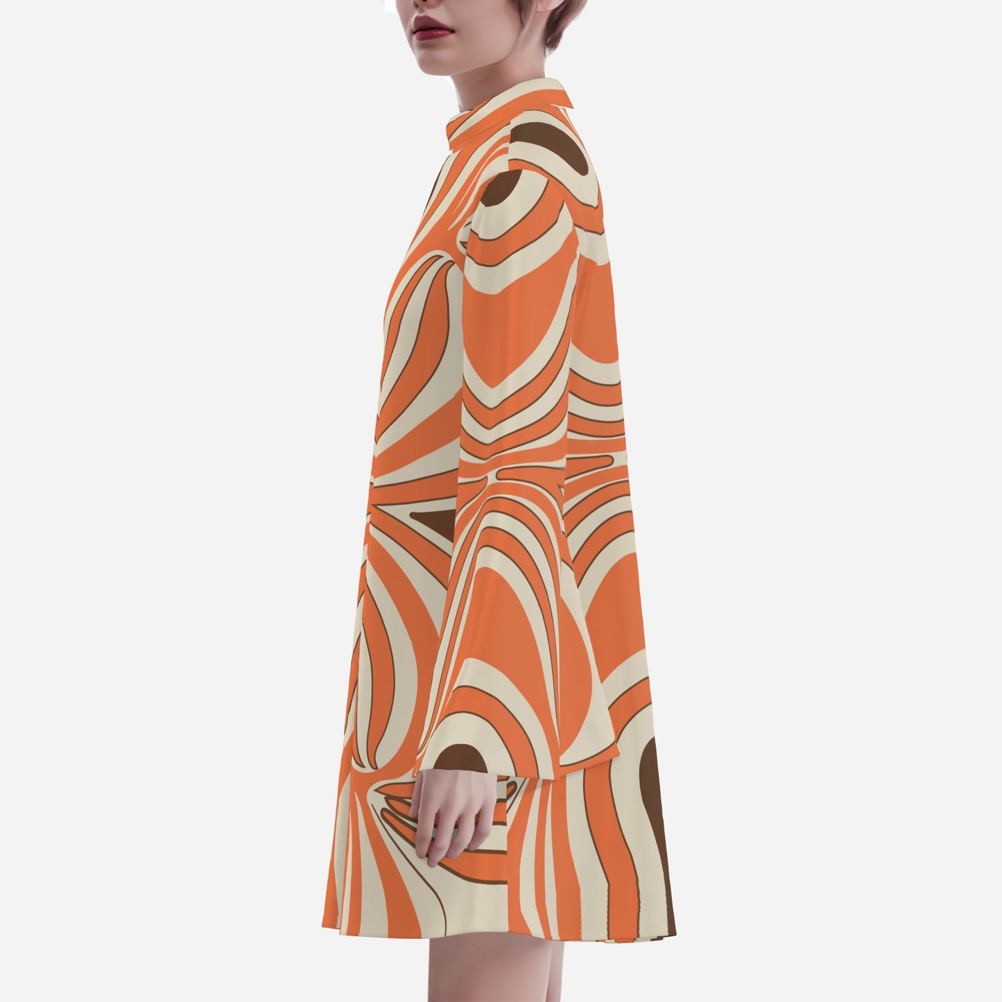 70s Psychedelic Orange Groovy Bell Sleeve Disco Dress | Retro Chiffon Turtleneck Mini Dress