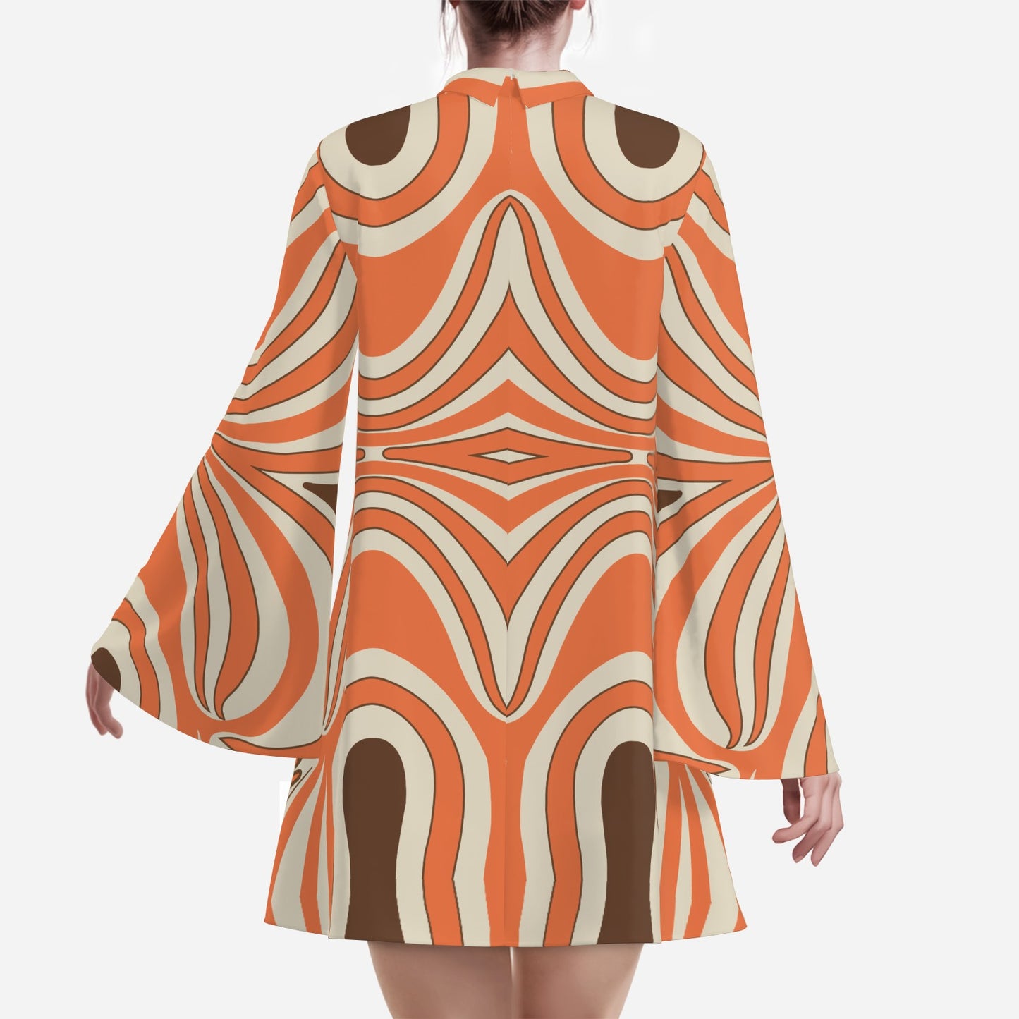 70s Psychedelic Orange Groovy Bell Sleeve Disco Dress | Retro Chiffon Turtleneck Mini Dress