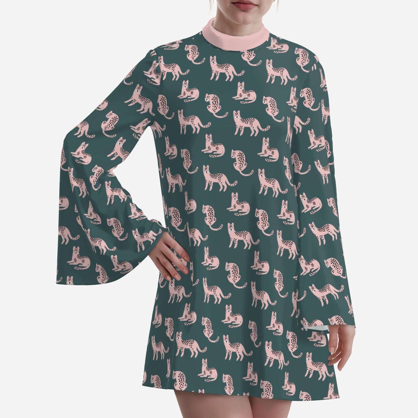 70s Teal & Pink Bell Sleeve Dress | Retro Animal Print Disco Mini Dress