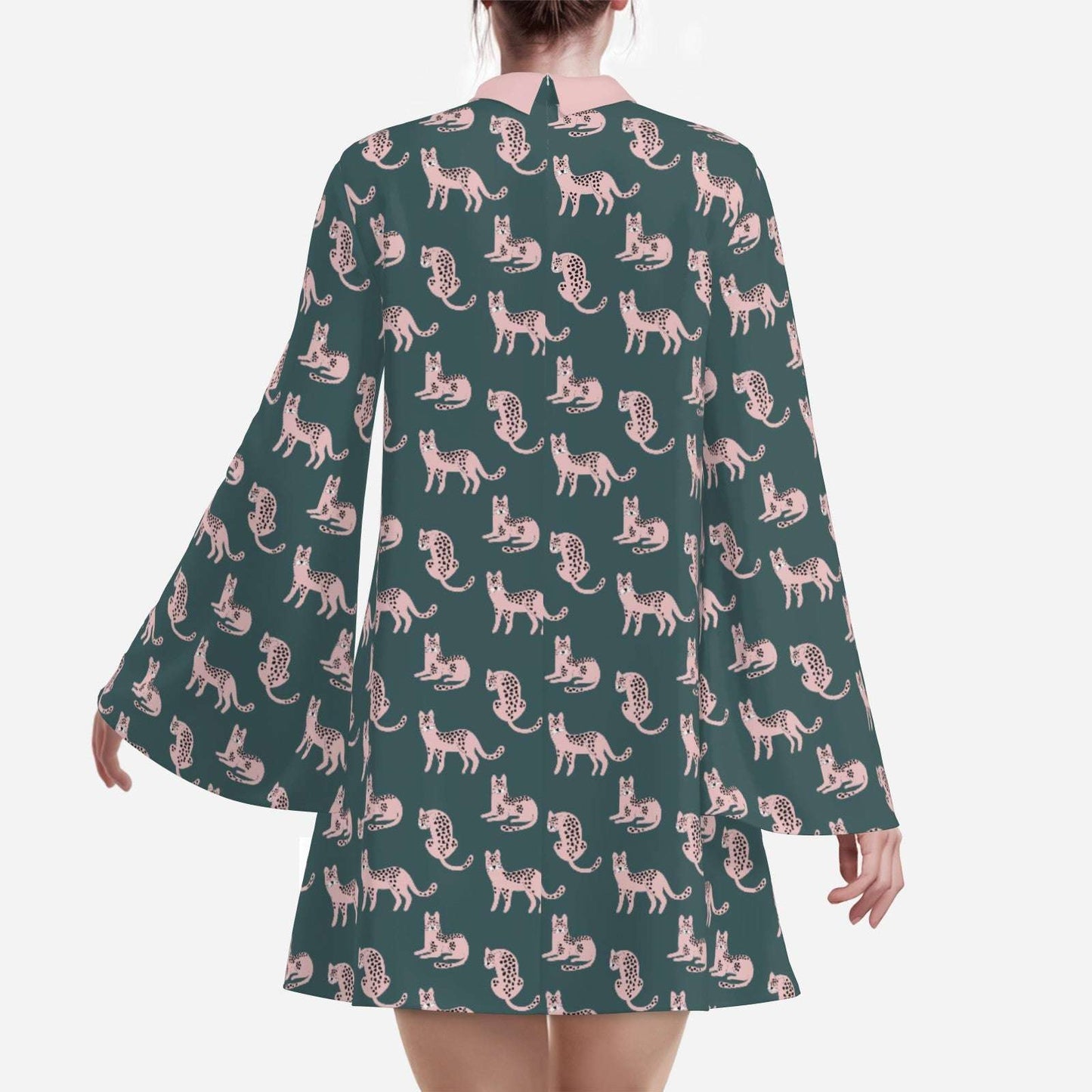 70s Teal & Pink Bell Sleeve Dress | Retro Animal Print Disco Mini Dress