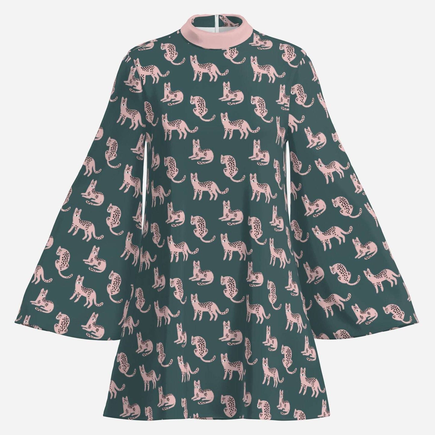 70s Teal & Pink Bell Sleeve Dress | Retro Animal Print Disco Mini Dress