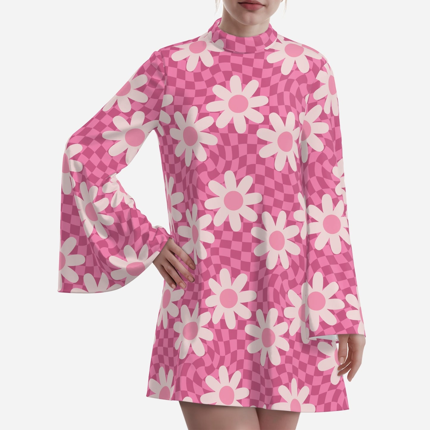 70s dress style, 70s Bell Sleeve Pink Floral Checker Chiffon Tent Dress | Retro 70s Dress Style