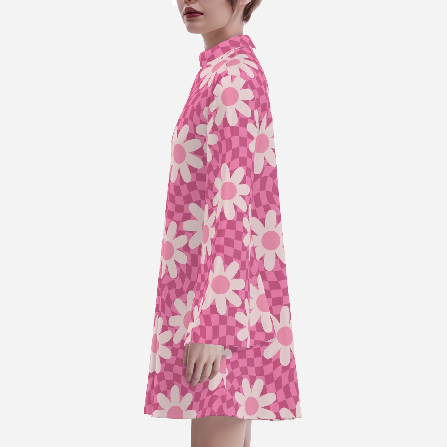 70s dress style, 70s Bell Sleeve Pink Floral Checker Chiffon Tent Dress | Retro 70s Dress Style