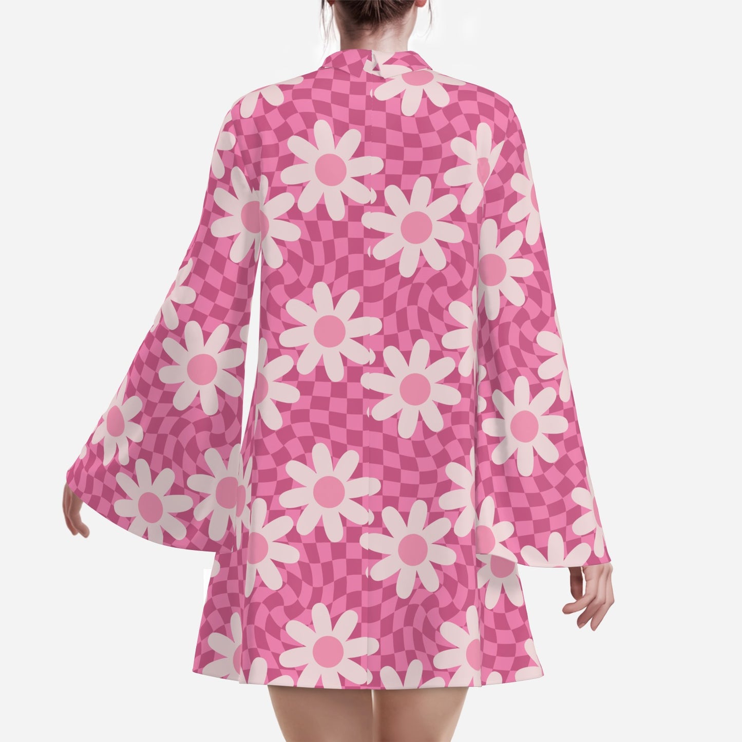 70s dress style, 70s Bell Sleeve Pink Floral Checker Chiffon Tent Dress | Retro 70s Dress Style