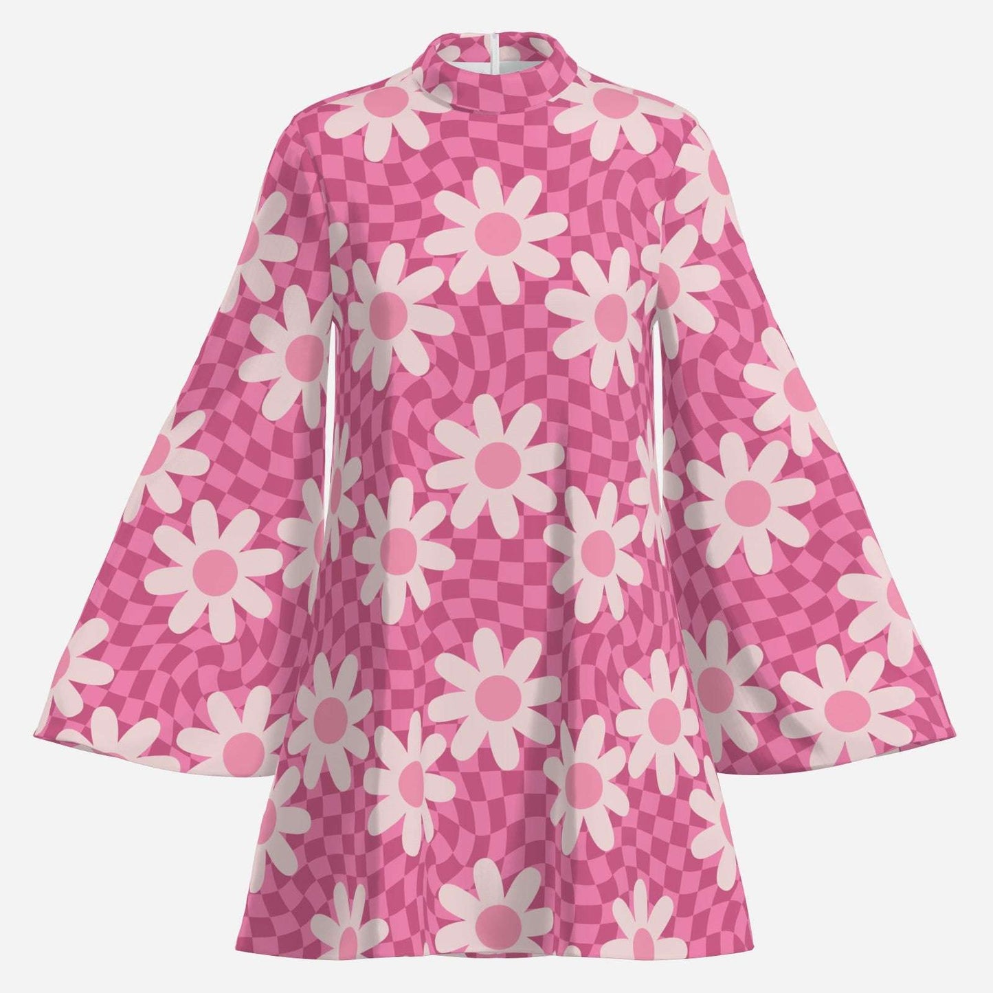 70s dress style, 70s Bell Sleeve Pink Floral Checker Chiffon Tent Dress | Retro 70s Dress Style
