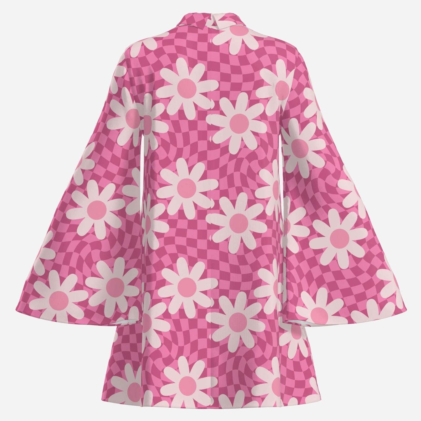 70s dress style, 70s Bell Sleeve Pink Floral Checker Chiffon Tent Dress | Retro 70s Dress Style