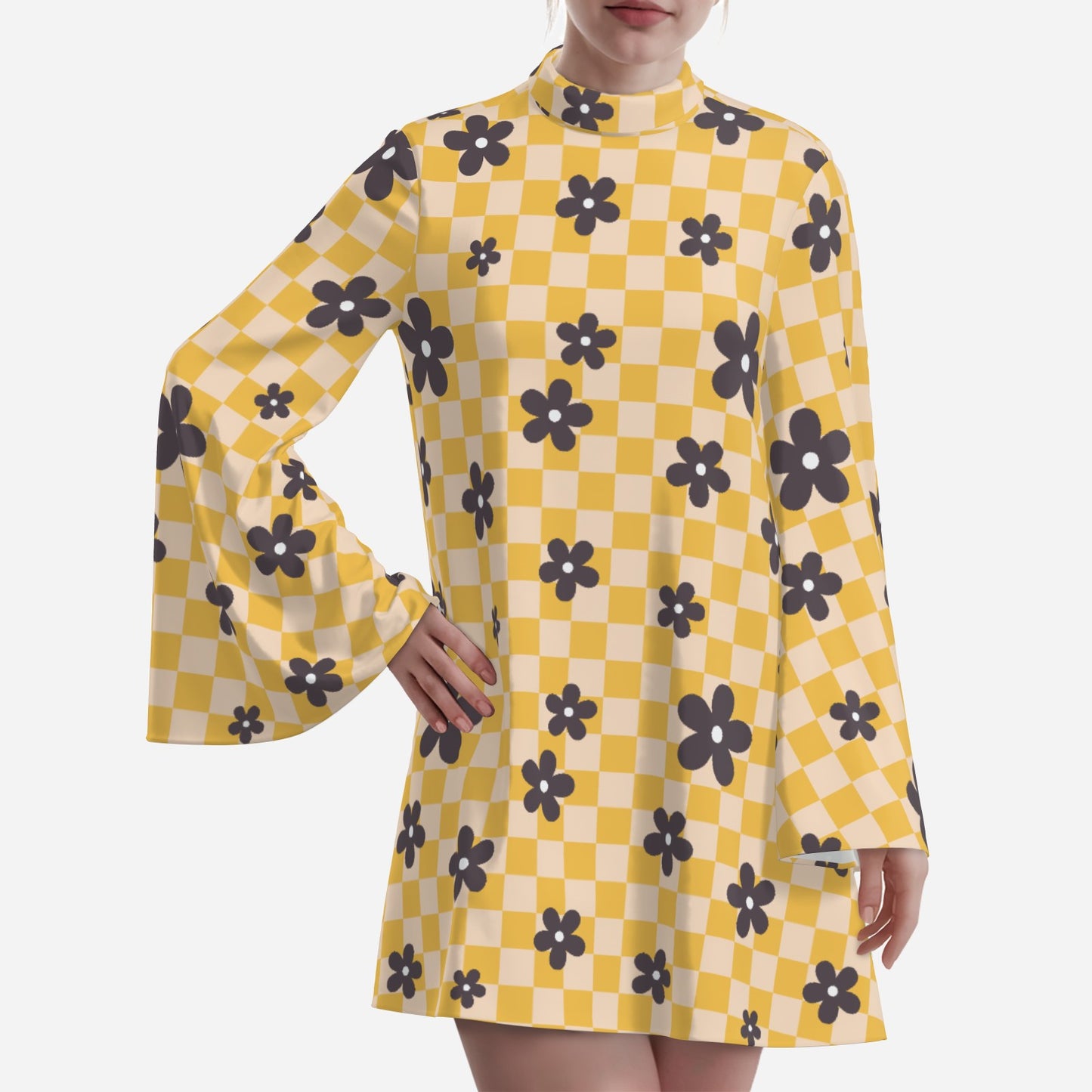 Disco 70s Style Bell Sleeve Dress | Retro Yellow Checker Mini Dress | Vintage 70s Style Chiffon Mini Dress
