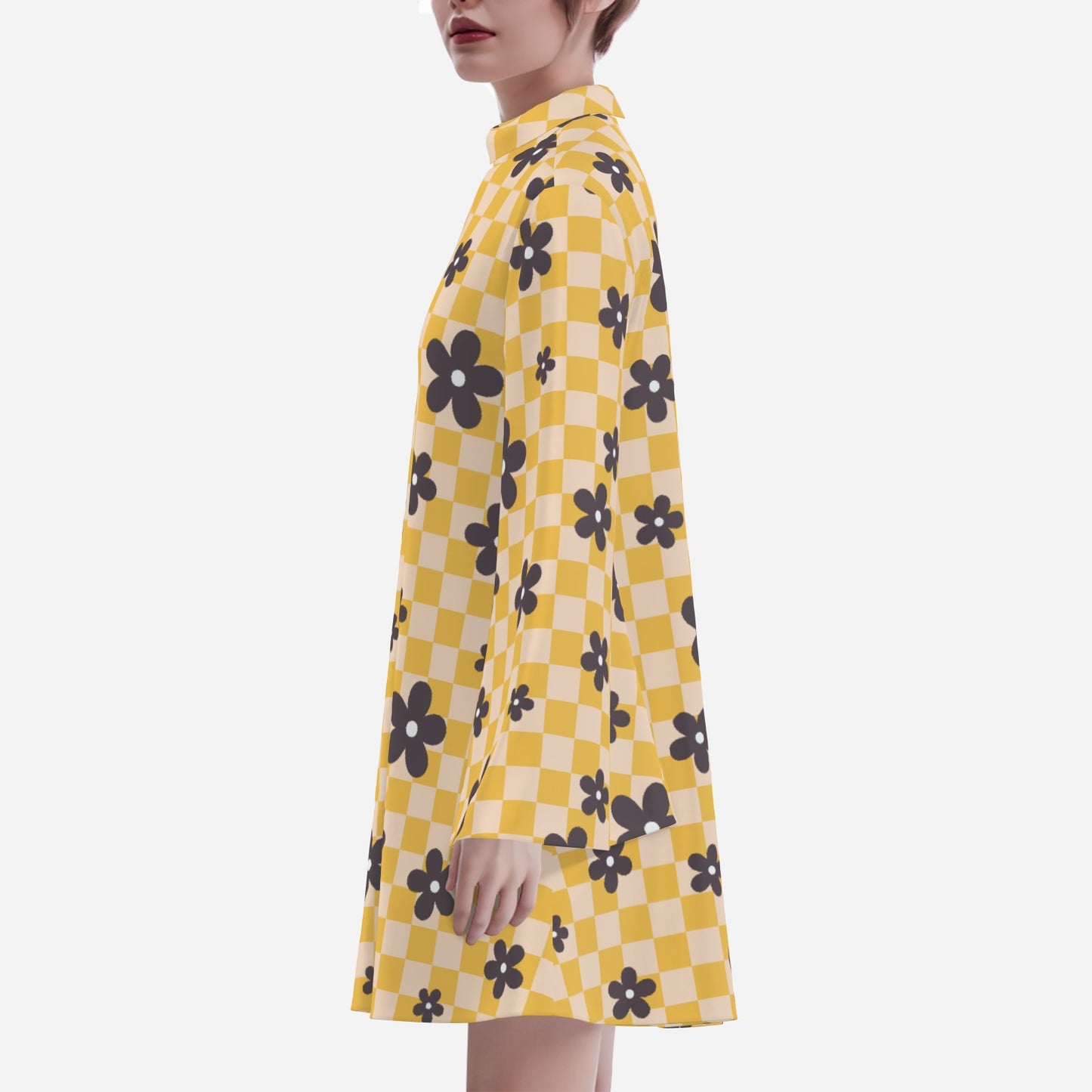 Disco 70s Style Bell Sleeve Dress | Retro Yellow Checker Mini Dress | Vintage 70s Style Chiffon Mini Dress