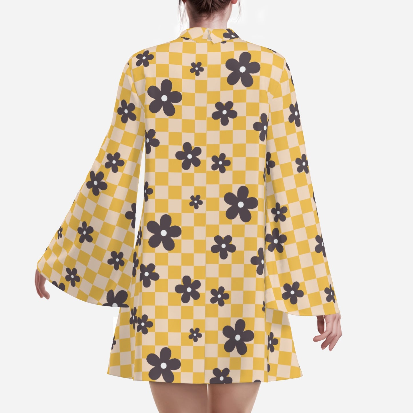 Disco 70s Style Bell Sleeve Dress | Retro Yellow Checker Mini Dress | Vintage 70s Style Chiffon Mini Dress