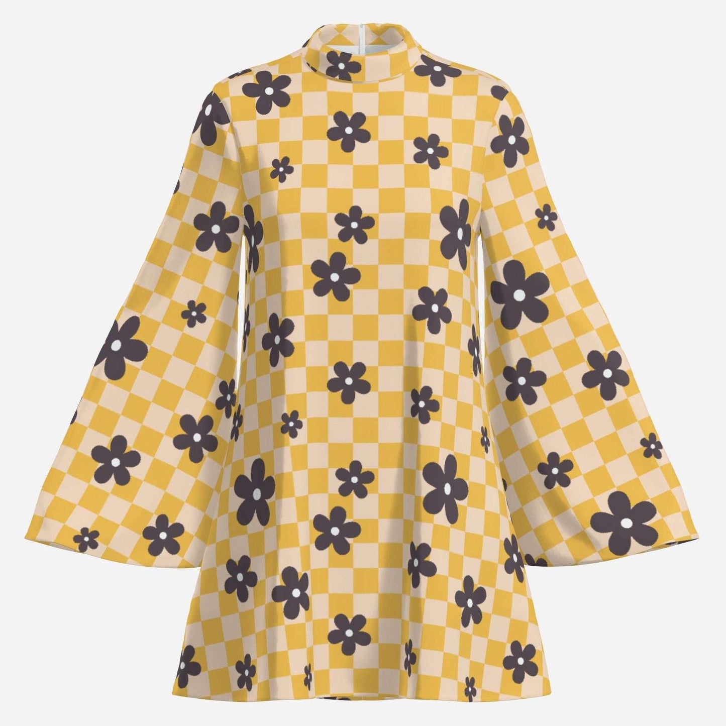 Disco 70s Style Bell Sleeve Dress | Retro Yellow Checker Mini Dress | Vintage 70s Style Chiffon Mini Dress
