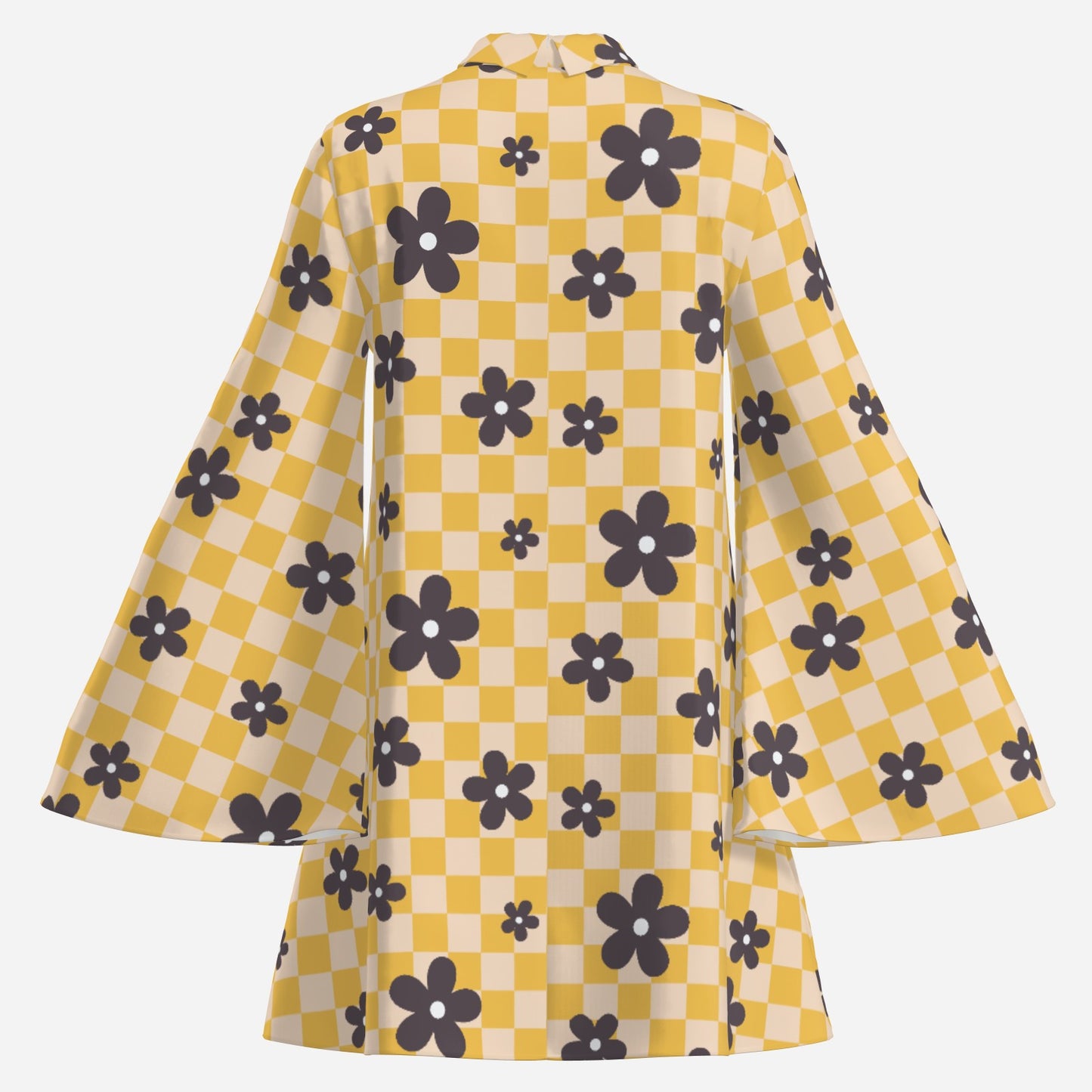 Disco 70s Style Bell Sleeve Dress | Retro Yellow Checker Mini Dress | Vintage 70s Style Chiffon Mini Dress