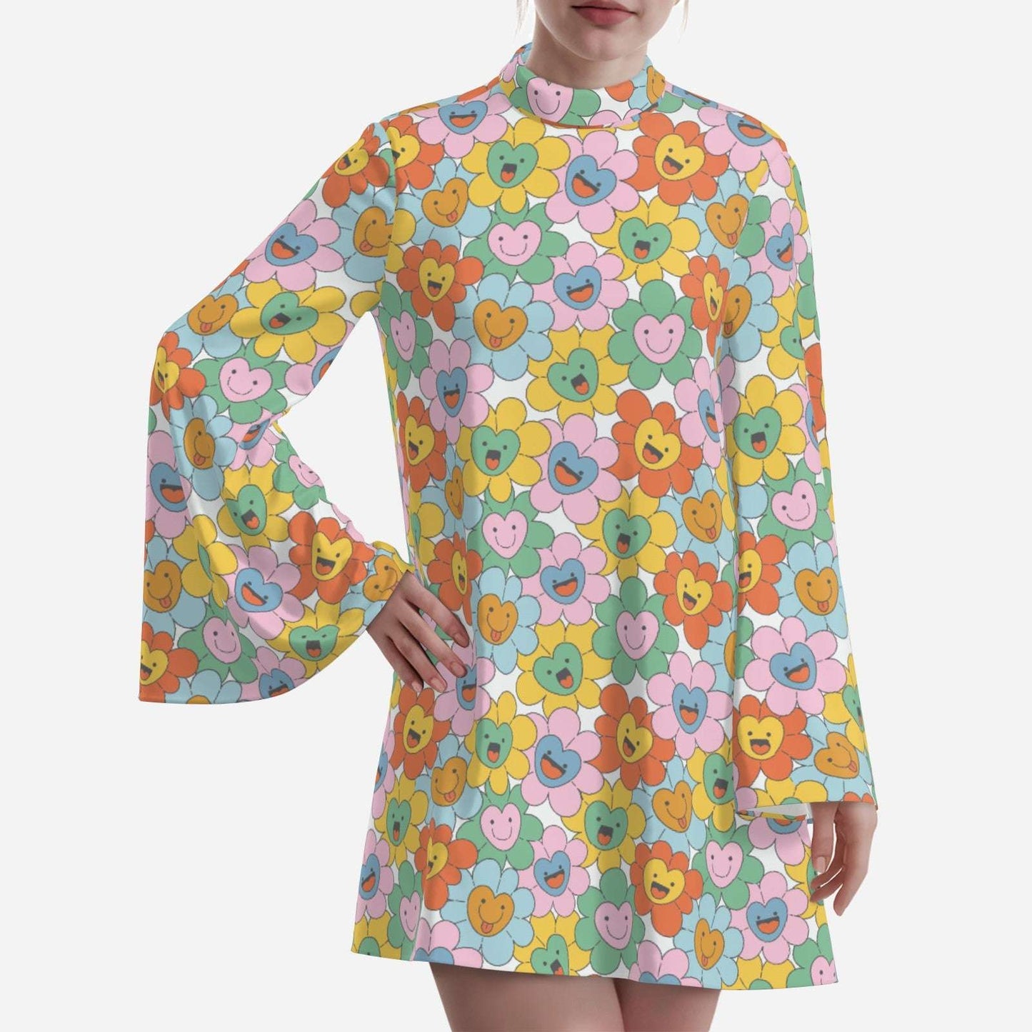 Kawaii Smiley Face Floral 70s Dress Style | Retro Hippie Bell Sleeve Dress, 70s Style Disco Dress
