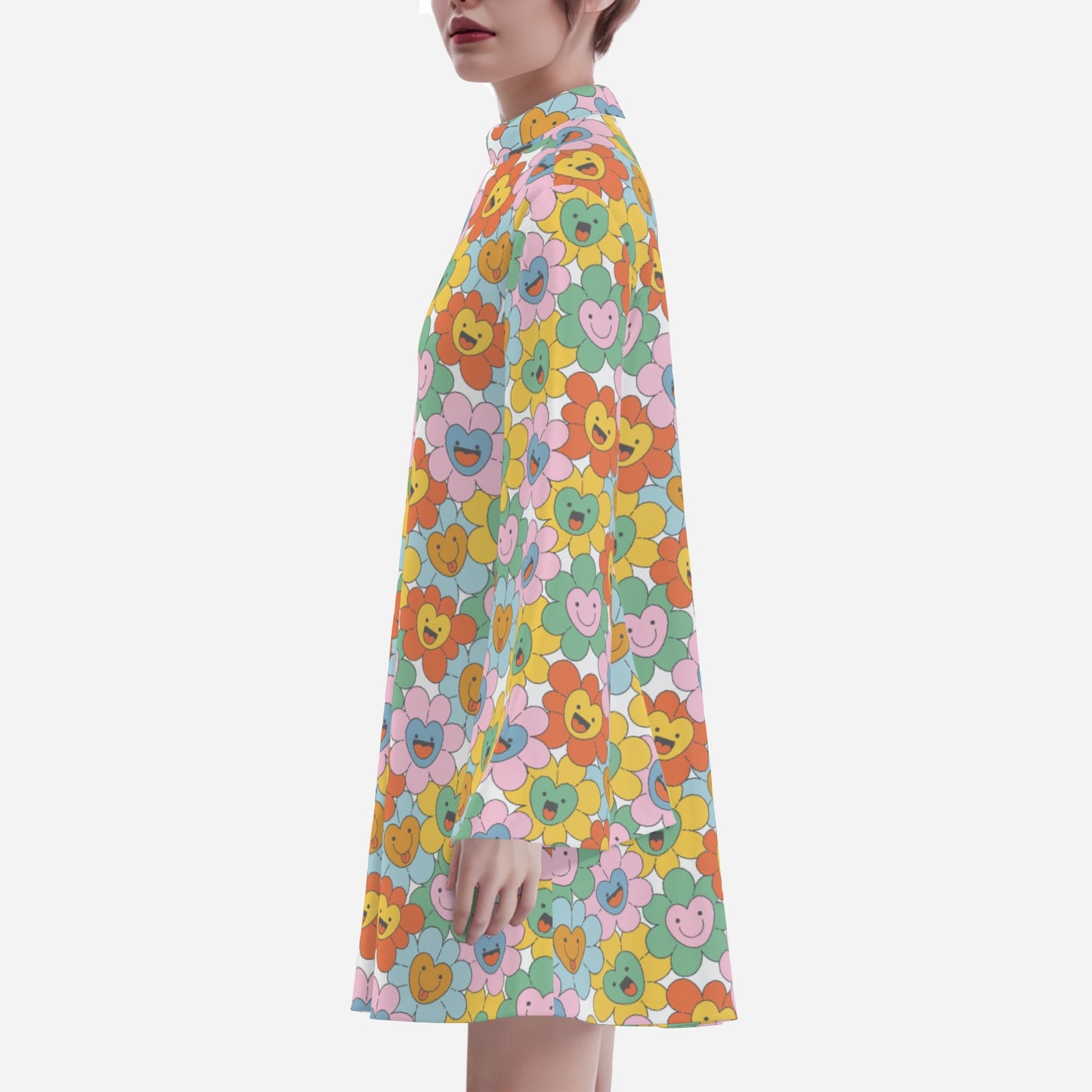 Kawaii Smiley Face Floral 70s Dress Style | Retro Hippie Bell Sleeve Dress, 70s Style Disco Dress