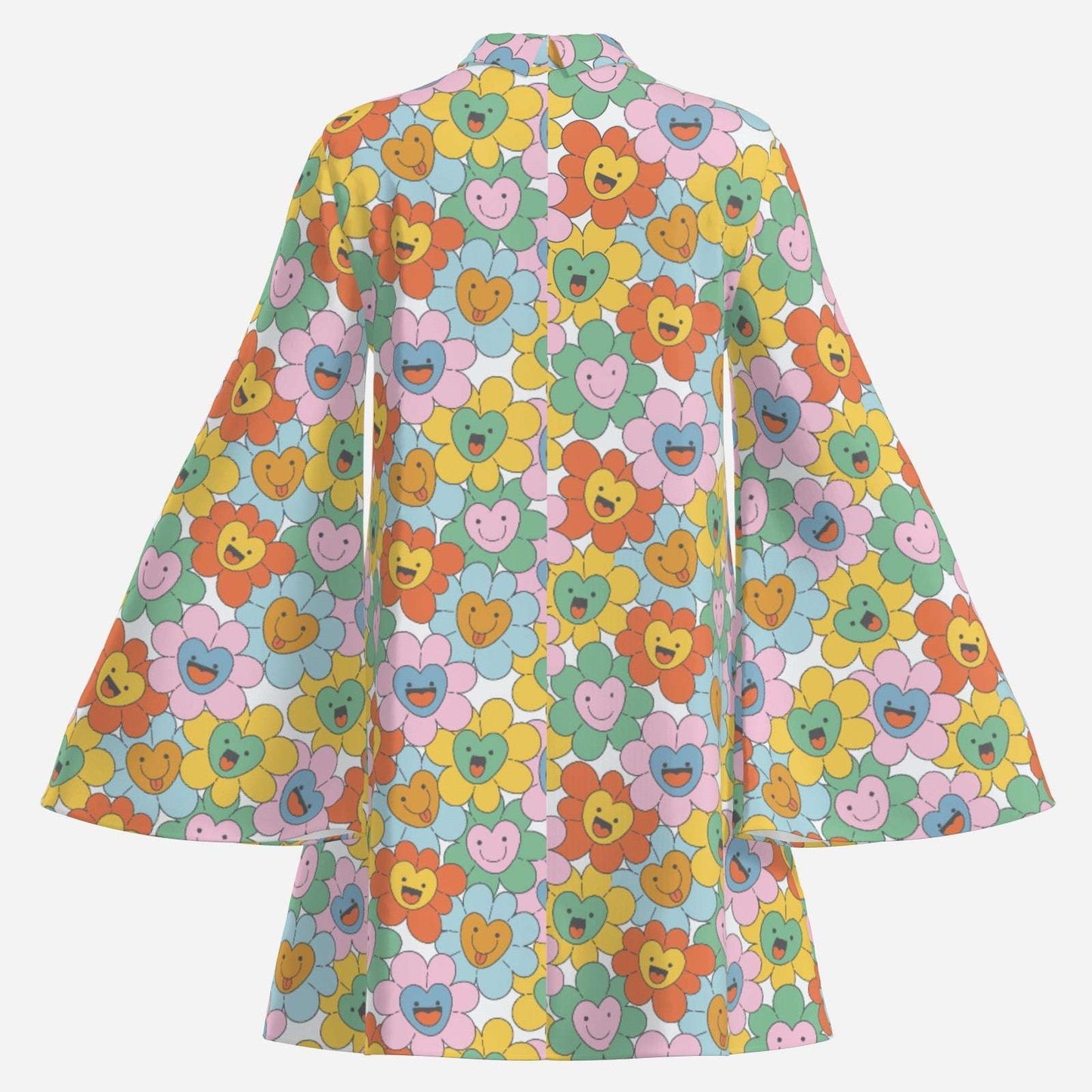 Kawaii Smiley Face Floral 70s Dress Style | Retro Hippie Bell Sleeve Dress, 70s Style Disco Dress