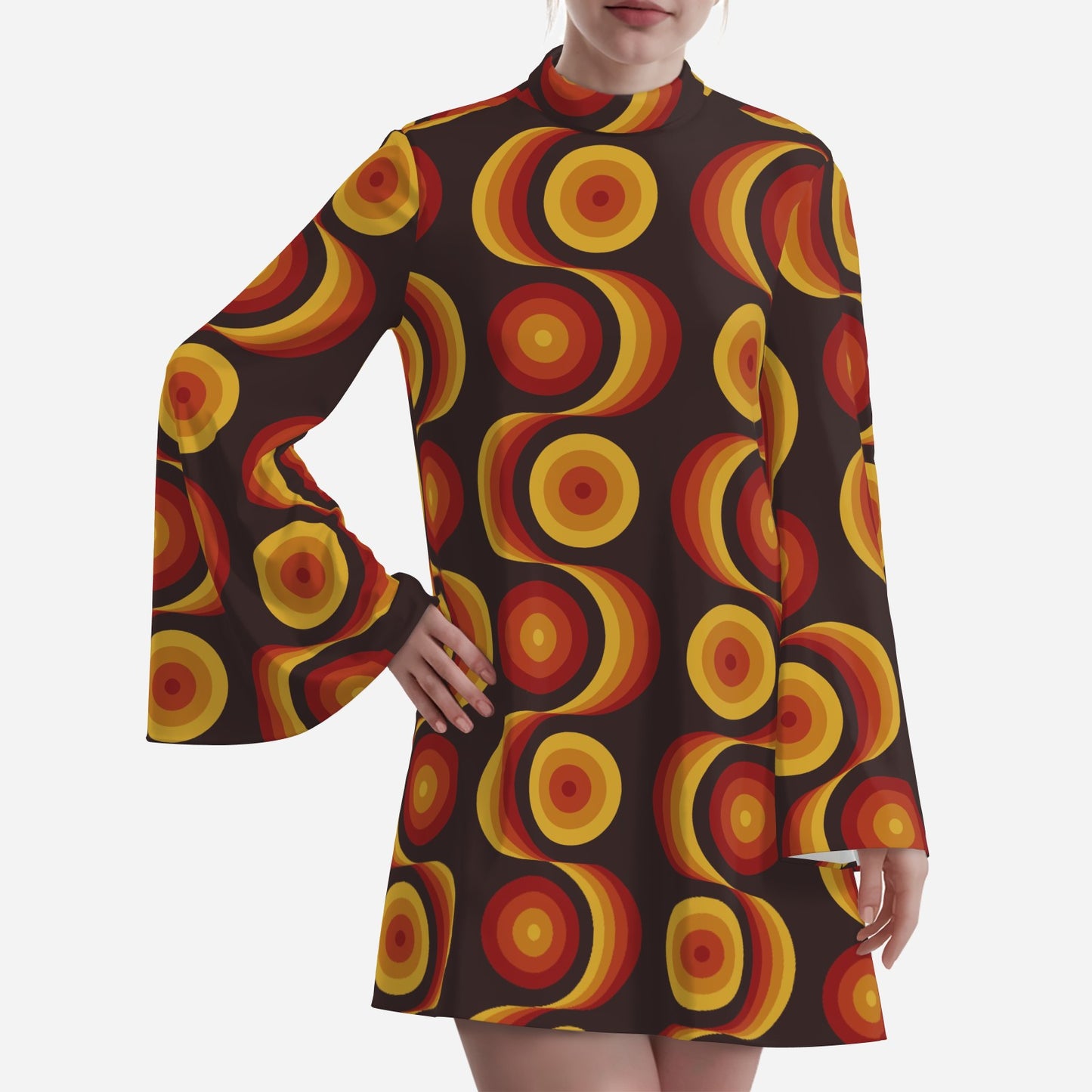 Geometric Black Brown Bell Sleeve Dress | 70s Op Art Space Age Chiffon Mini Dress | 70s Dress Style