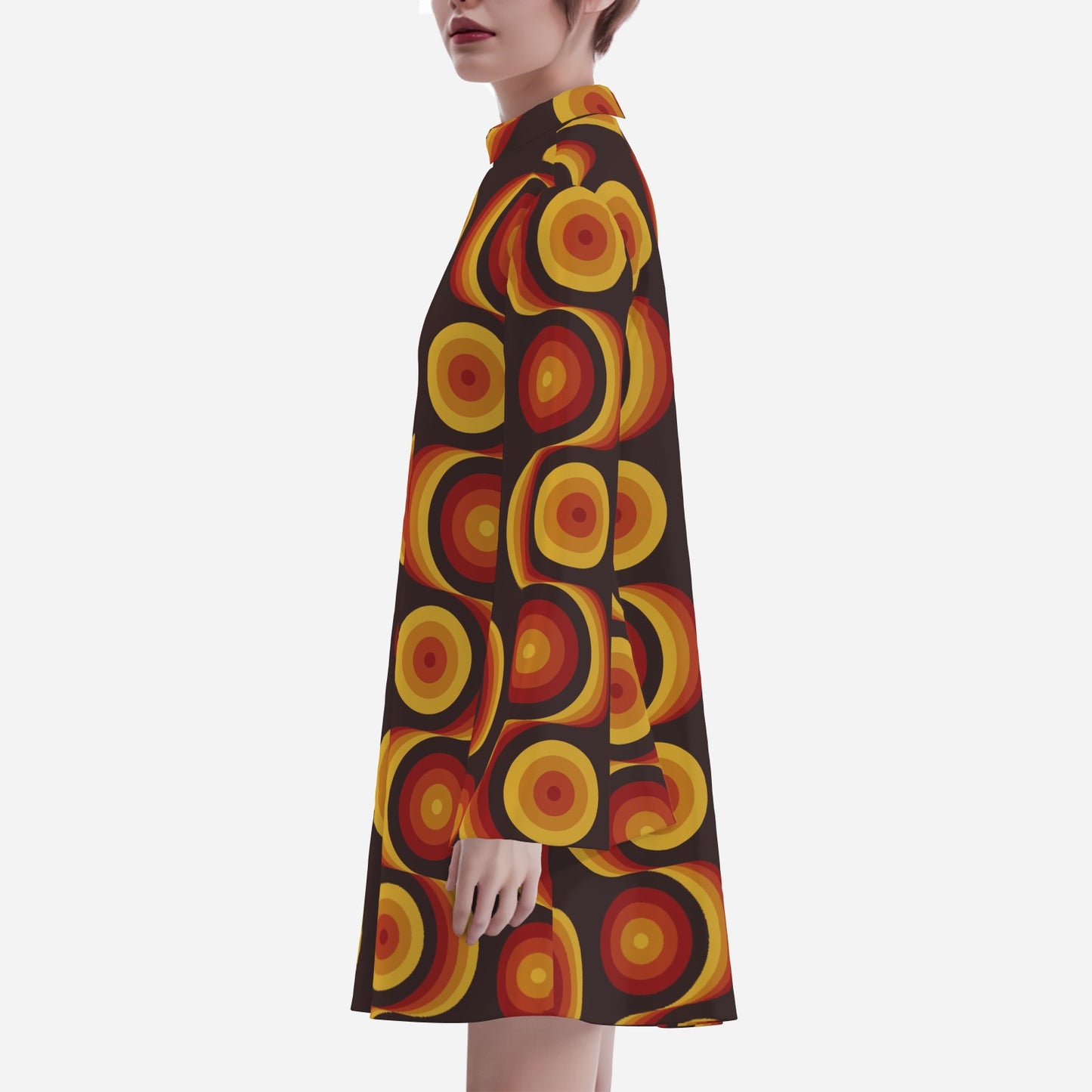 Geometric Black Brown Bell Sleeve Dress | 70s Op Art Space Age Chiffon Mini Dress | 70s Dress Style