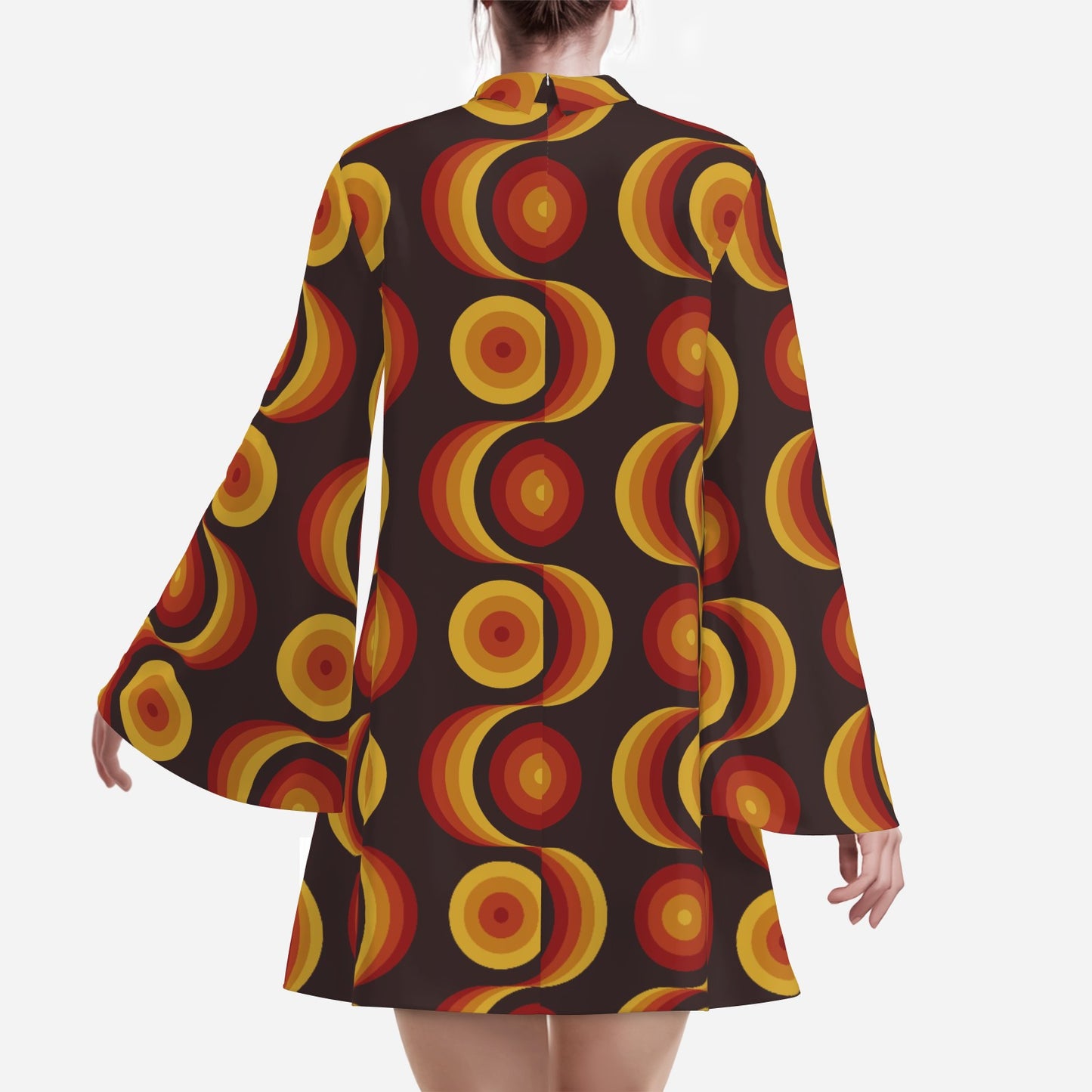 Geometric Black Brown Bell Sleeve Dress | 70s Op Art Space Age Chiffon Mini Dress | 70s Dress Style