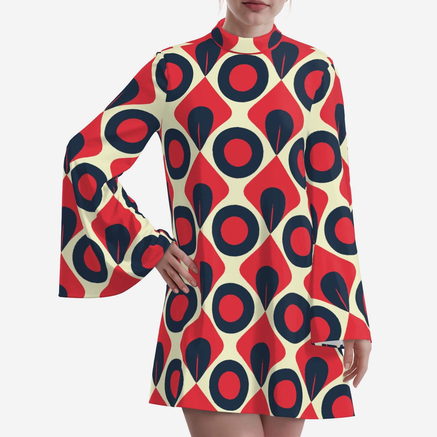 Disco 70s Style Dress | Turtleneck Mod Dress | Retro Red Black Op Art Chiffon Tent Mini Dress