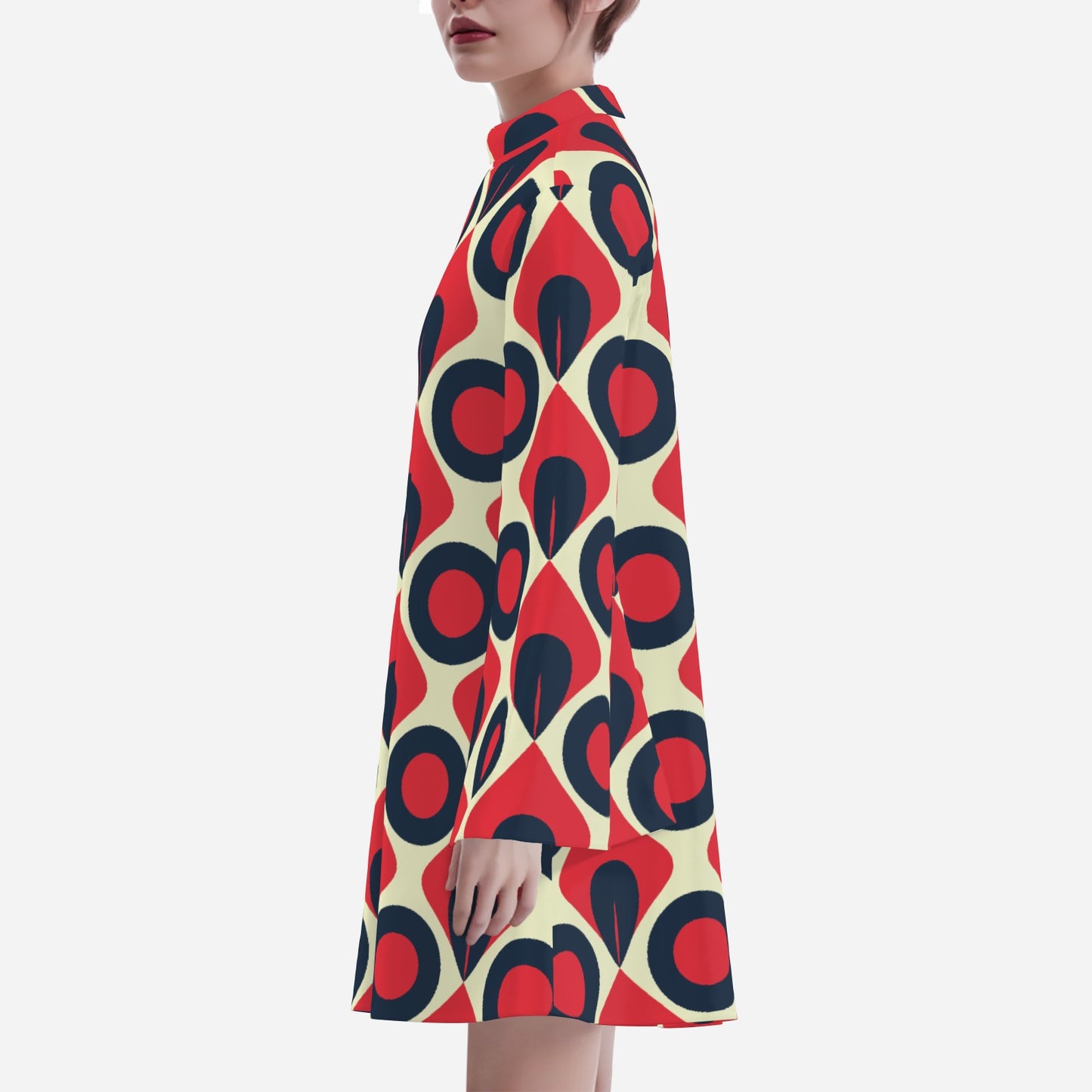 Disco 70s Style Dress | Turtleneck Mod Dress | Retro Red Black Op Art Chiffon Tent Mini Dress