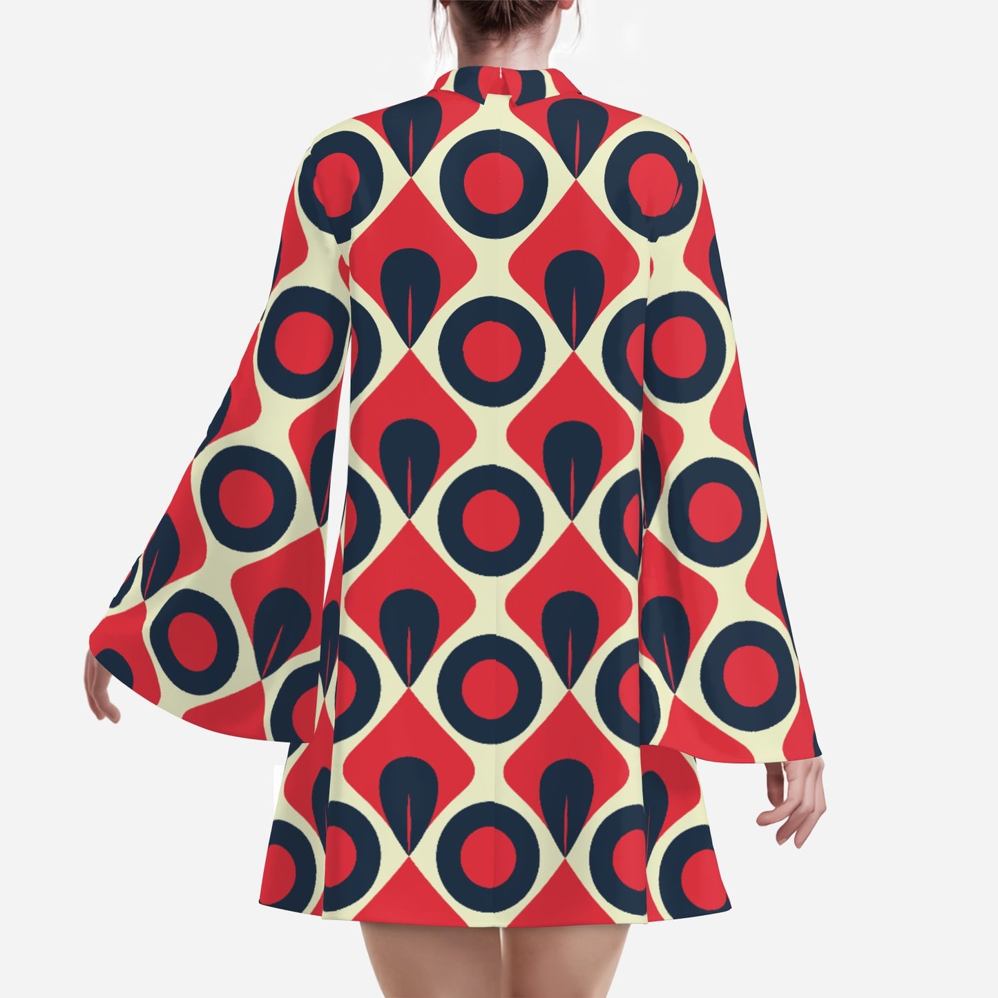 Disco 70s Style Dress | Turtleneck Mod Dress | Retro Red Black Op Art Chiffon Tent Mini Dress