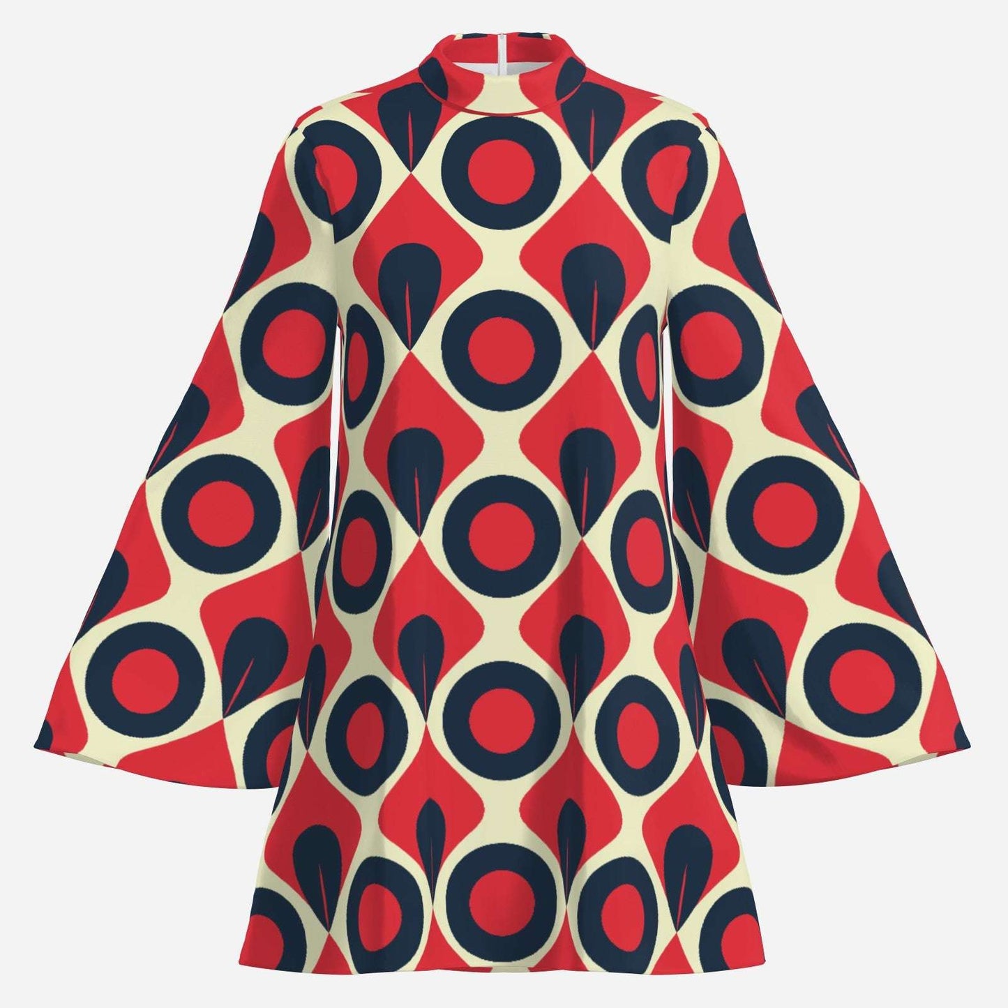Disco 70s Style Dress | Turtleneck Mod Dress | Retro Red Black Op Art Chiffon Tent Mini Dress