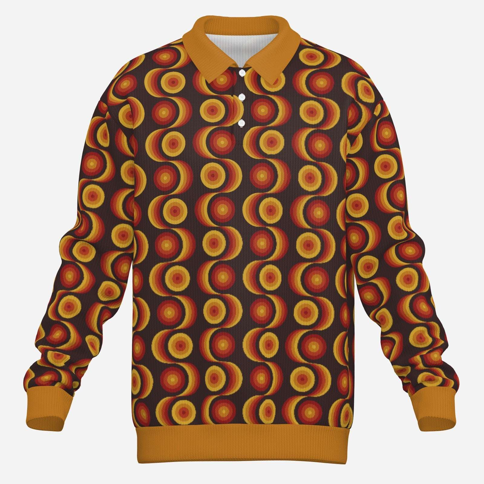Men’s 60s 70s Style Knit Polo Shirt | Brown Orange Op Art Geometric Retro Polo