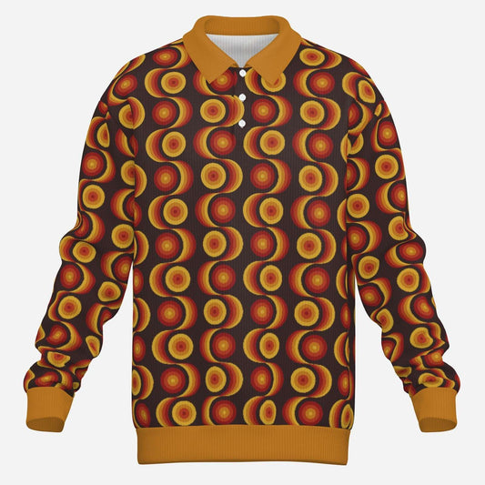 Men’s 60s 70s Style Knit Polo Shirt | Brown Orange Op Art Geometric Retro Polo