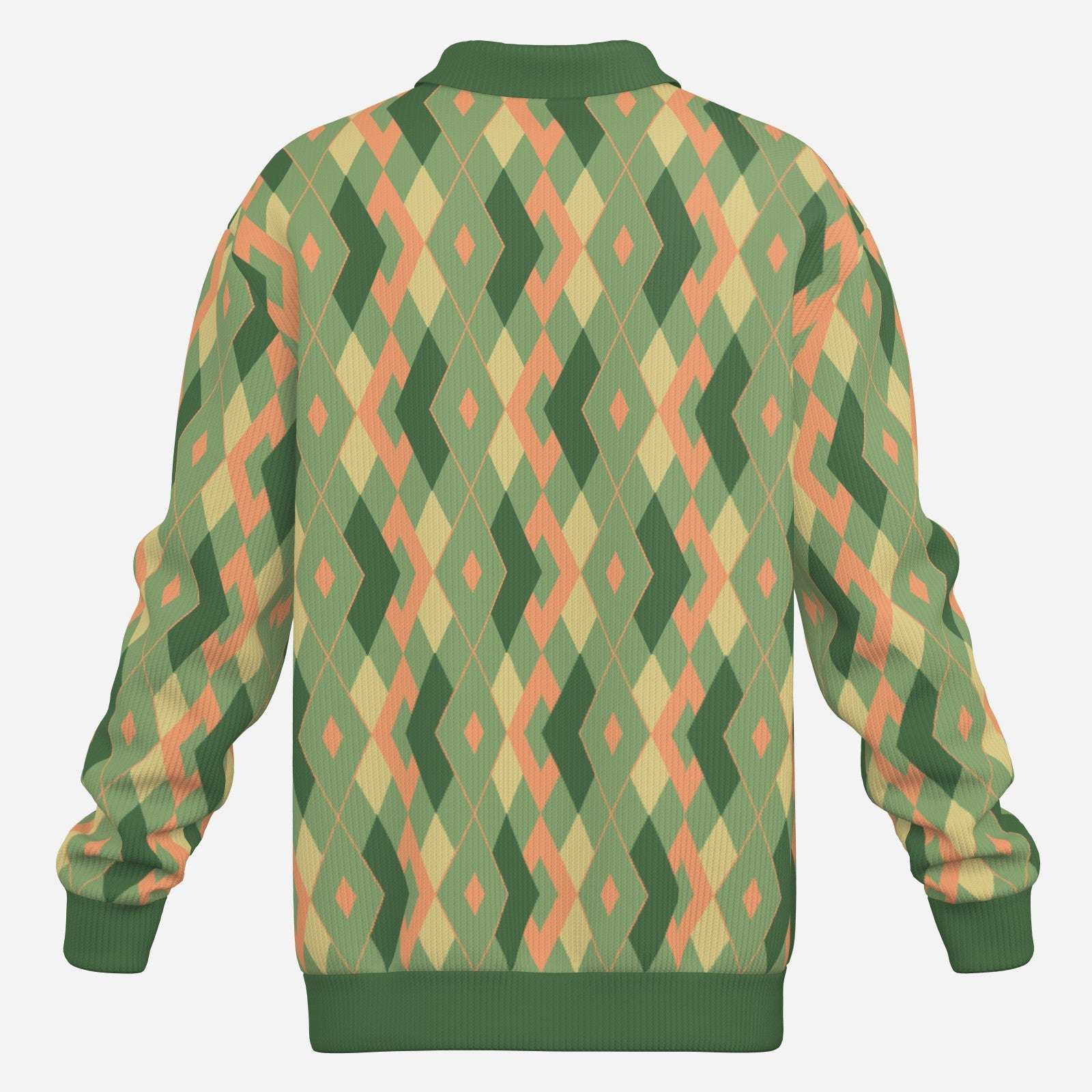 Men’s 60s Style Geometric Knit Polo Shirt | Modern Retro Polo Shirt |Green Retro Long Sleeve Polo